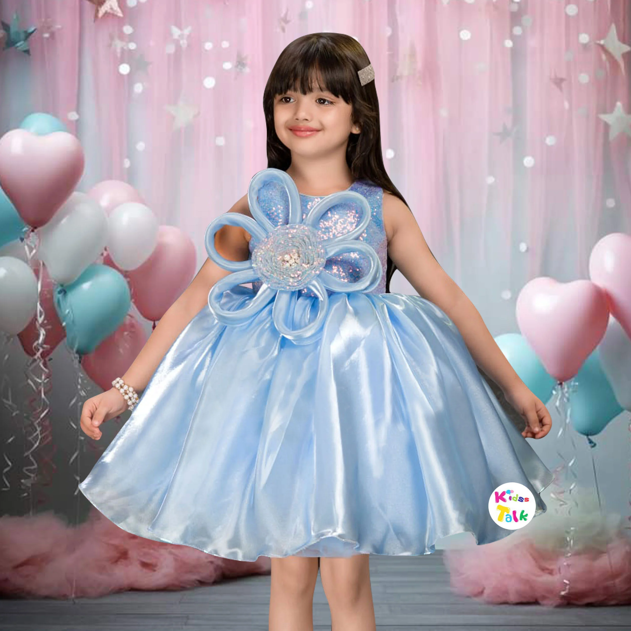 Satin Sleeveless Party Frock With Flower Applique - Baby Pink