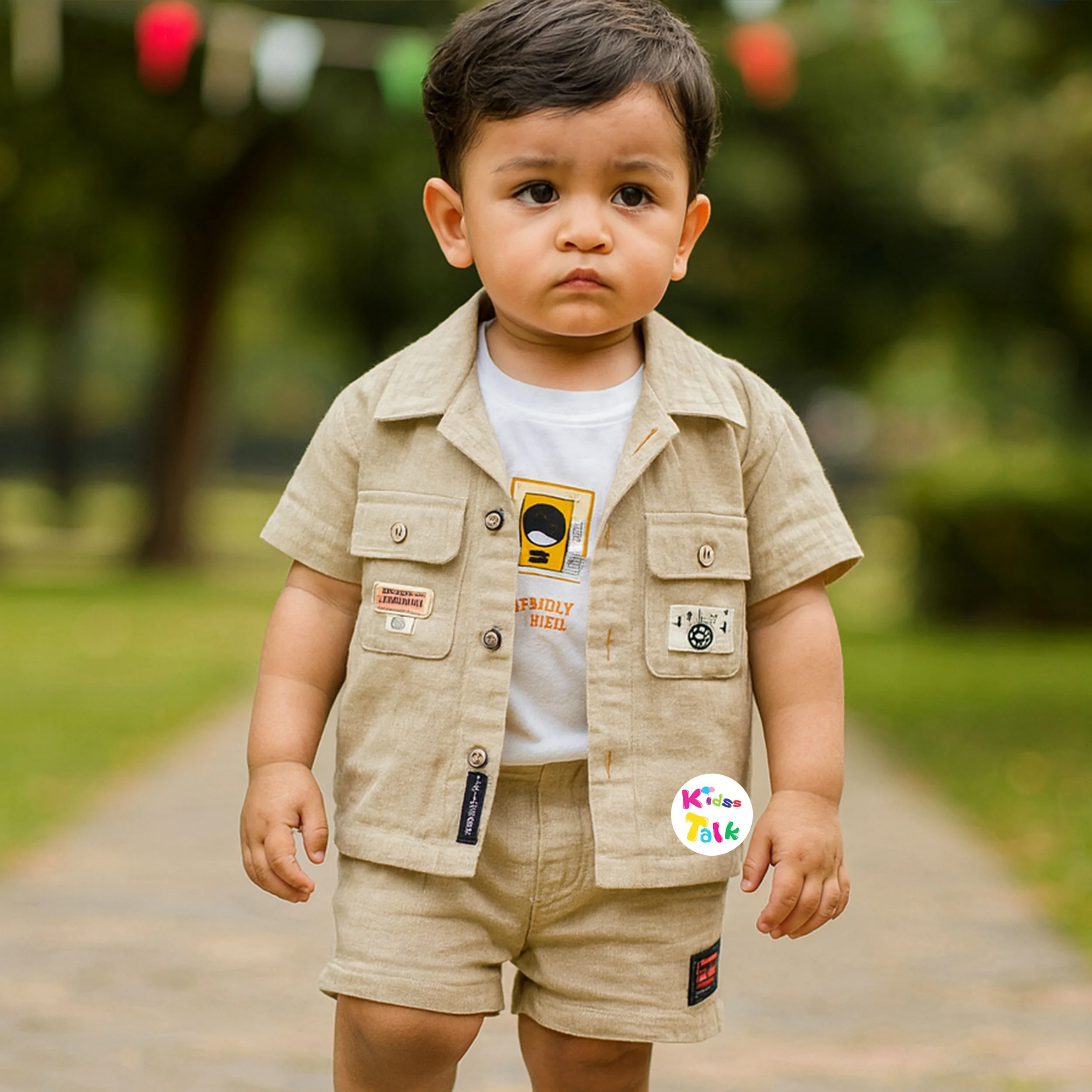 Muslin Half Sleeve Jacket With T-shirt & Half Pant - Beige