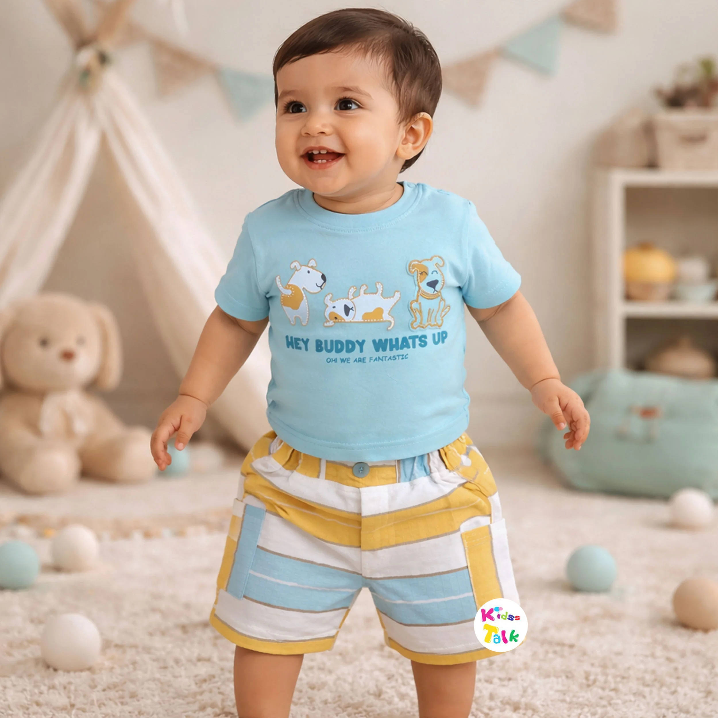 Cotton Knitted Half Sleeve T-shirt Set With Cute Print - Ice Blue