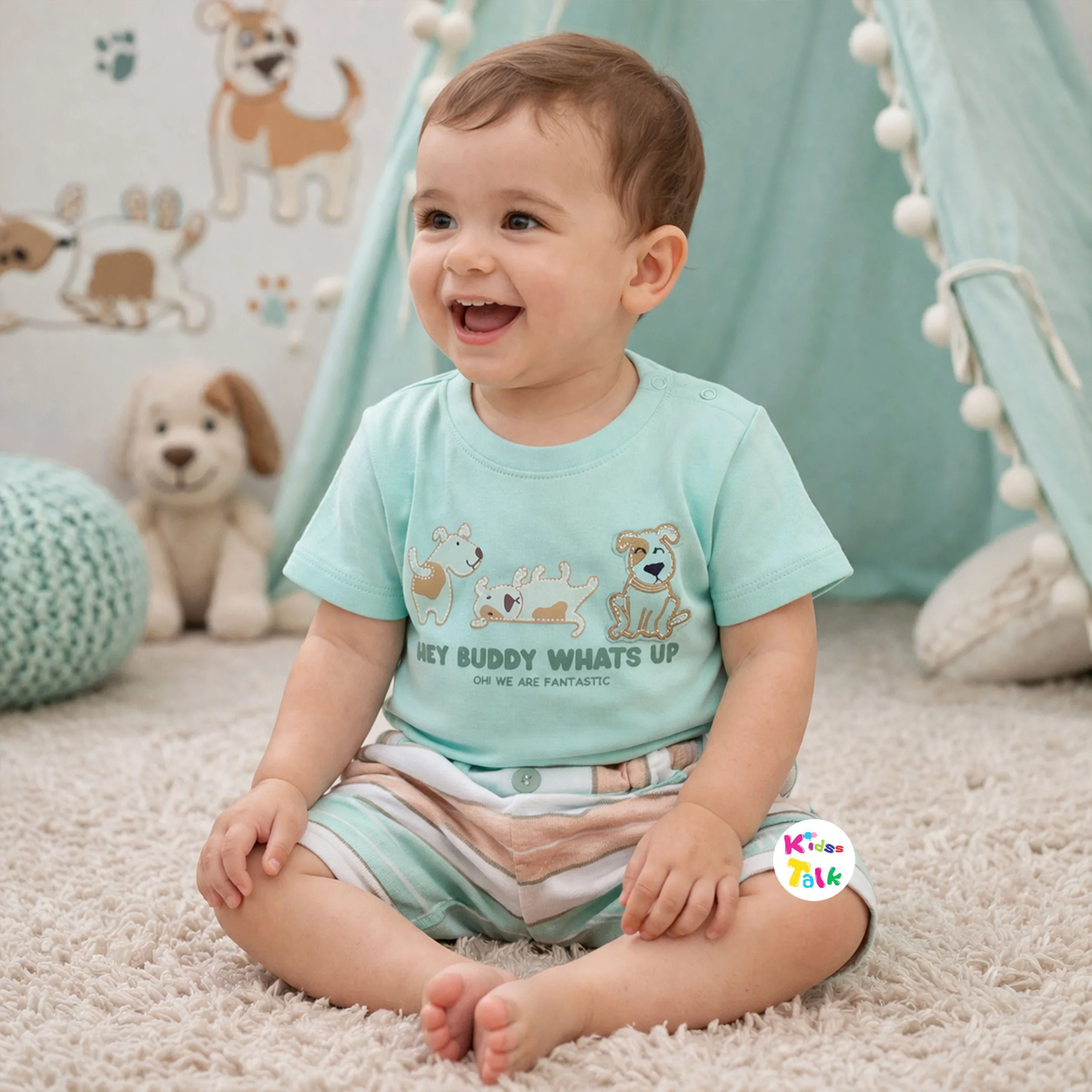 Cotton Knitted Half Sleeve T-shirt Set With Cute Print - Mint Green