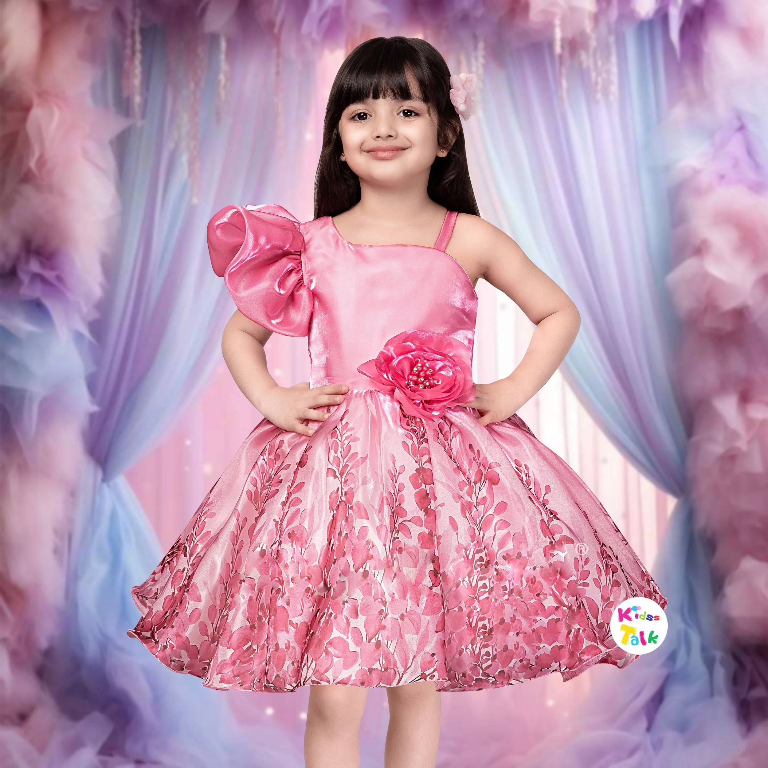 Satin Sleeveless Party Frock With Floral Printed - Baby Pink