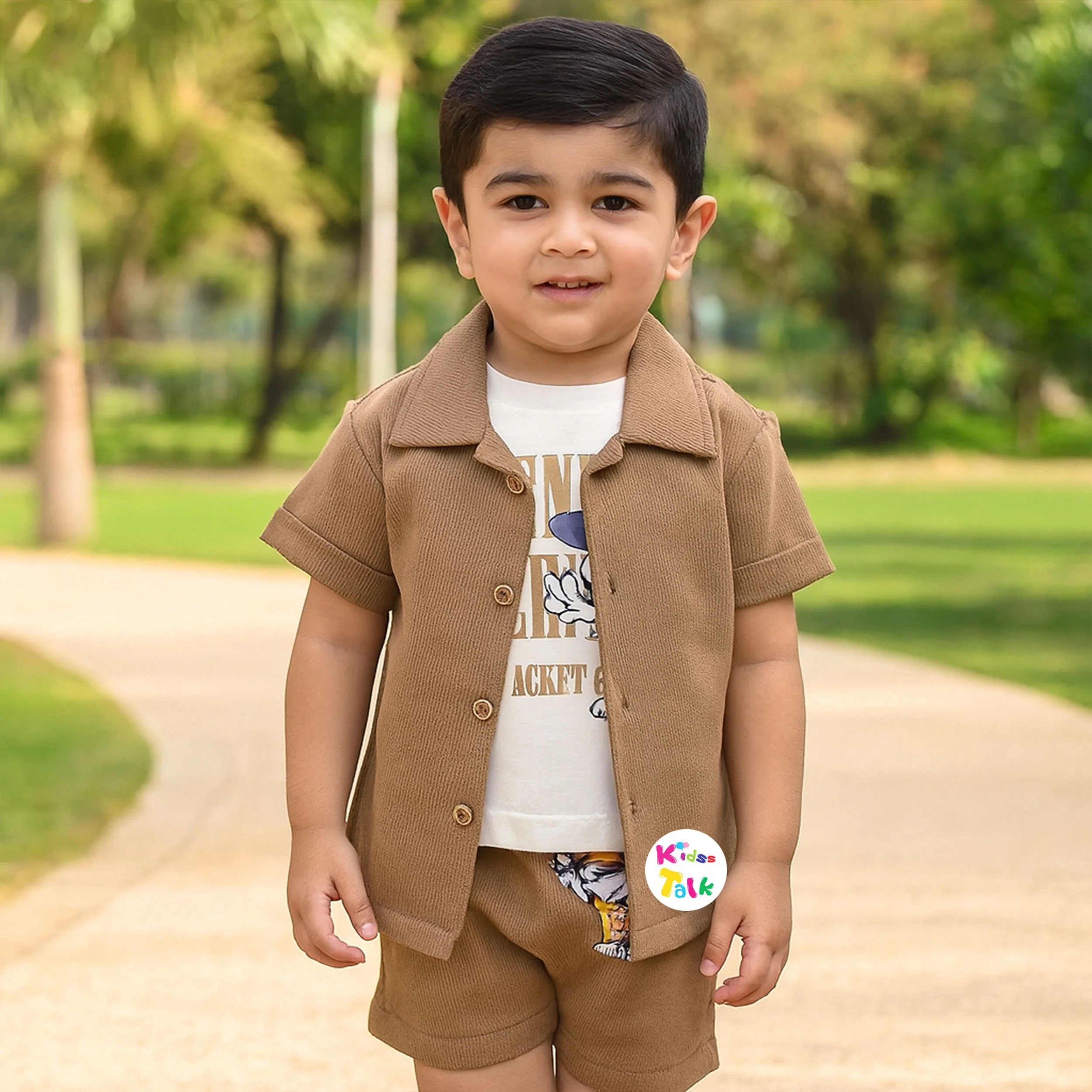 Stylish Half Sleeve Jacket With T-shirt & Half Pant - Brown