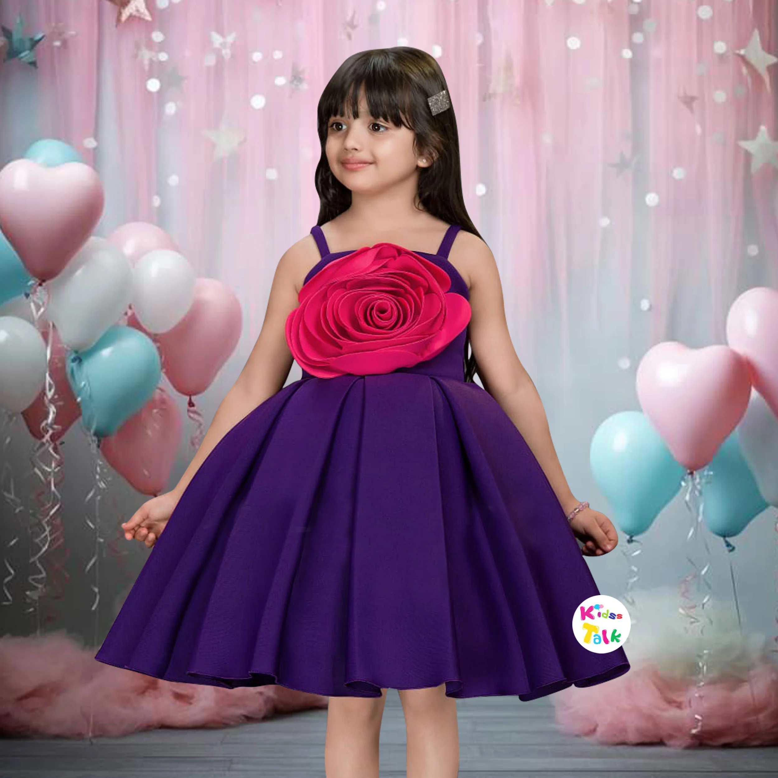 Scuba Sleeveless Party Frock With Flower Applique - Purple