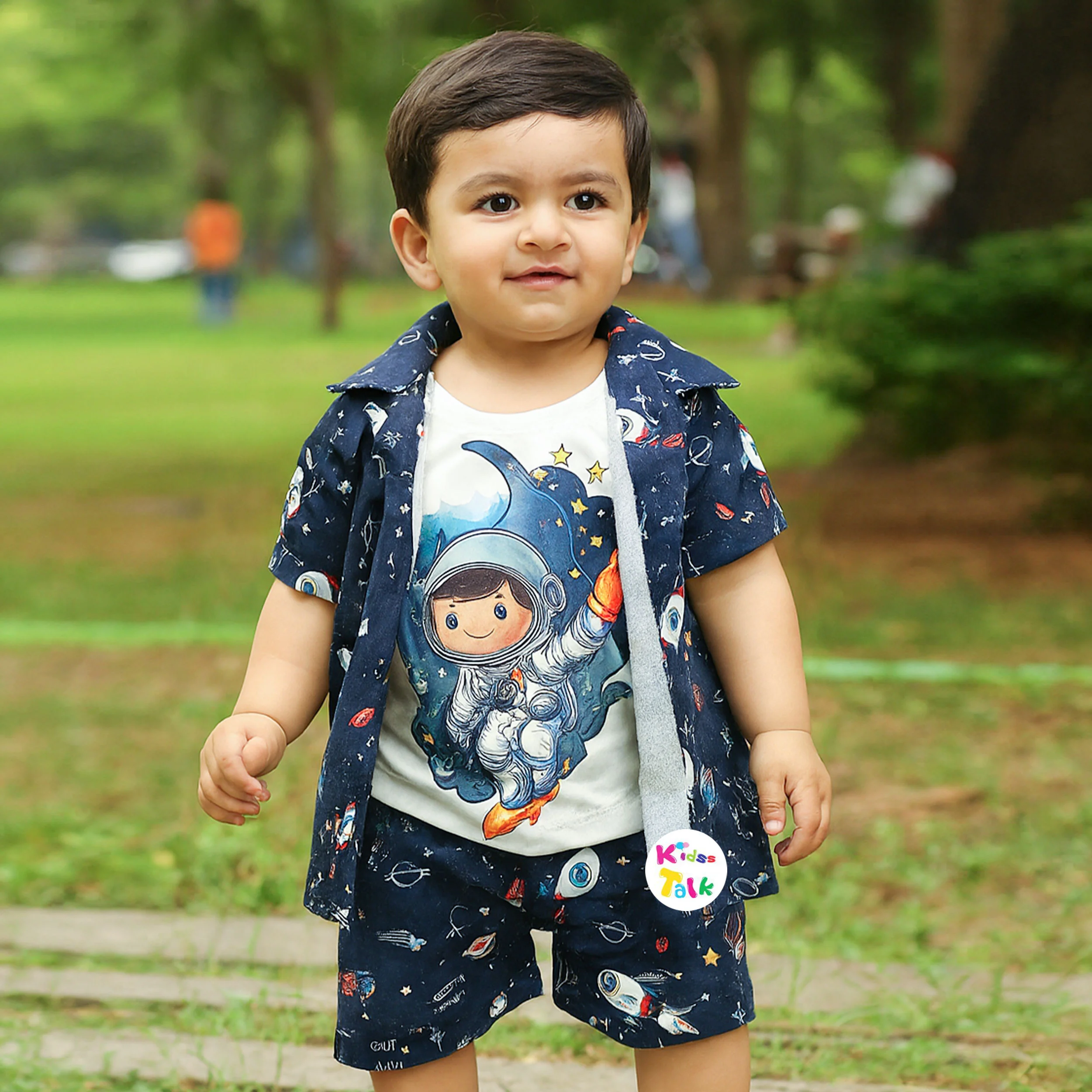 Corduroy Half Sleeve Jacket With T-shirt & Half Pant - Navy Blue