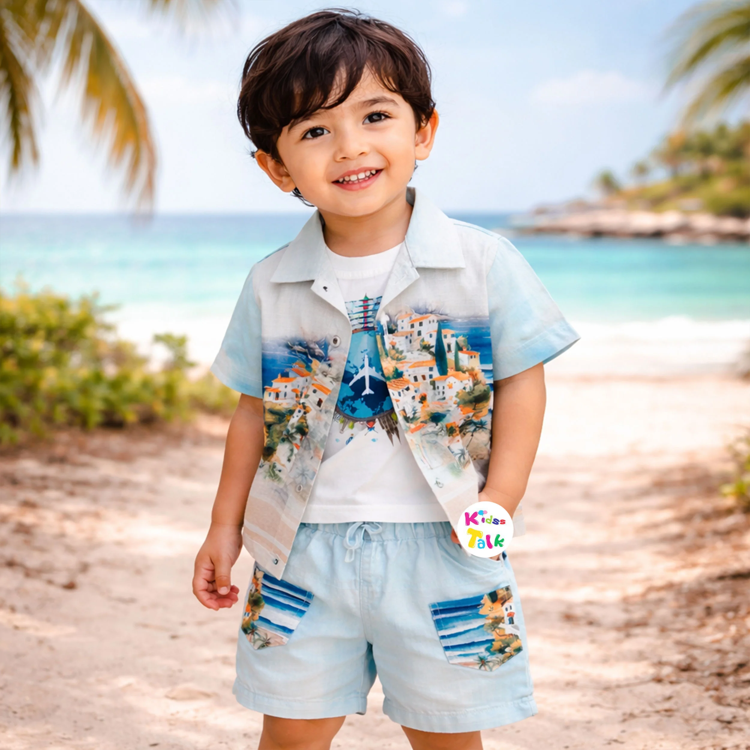 Cotton Half Sleeve Printed Shirt With T-shirt & Half Pant - Multicolour