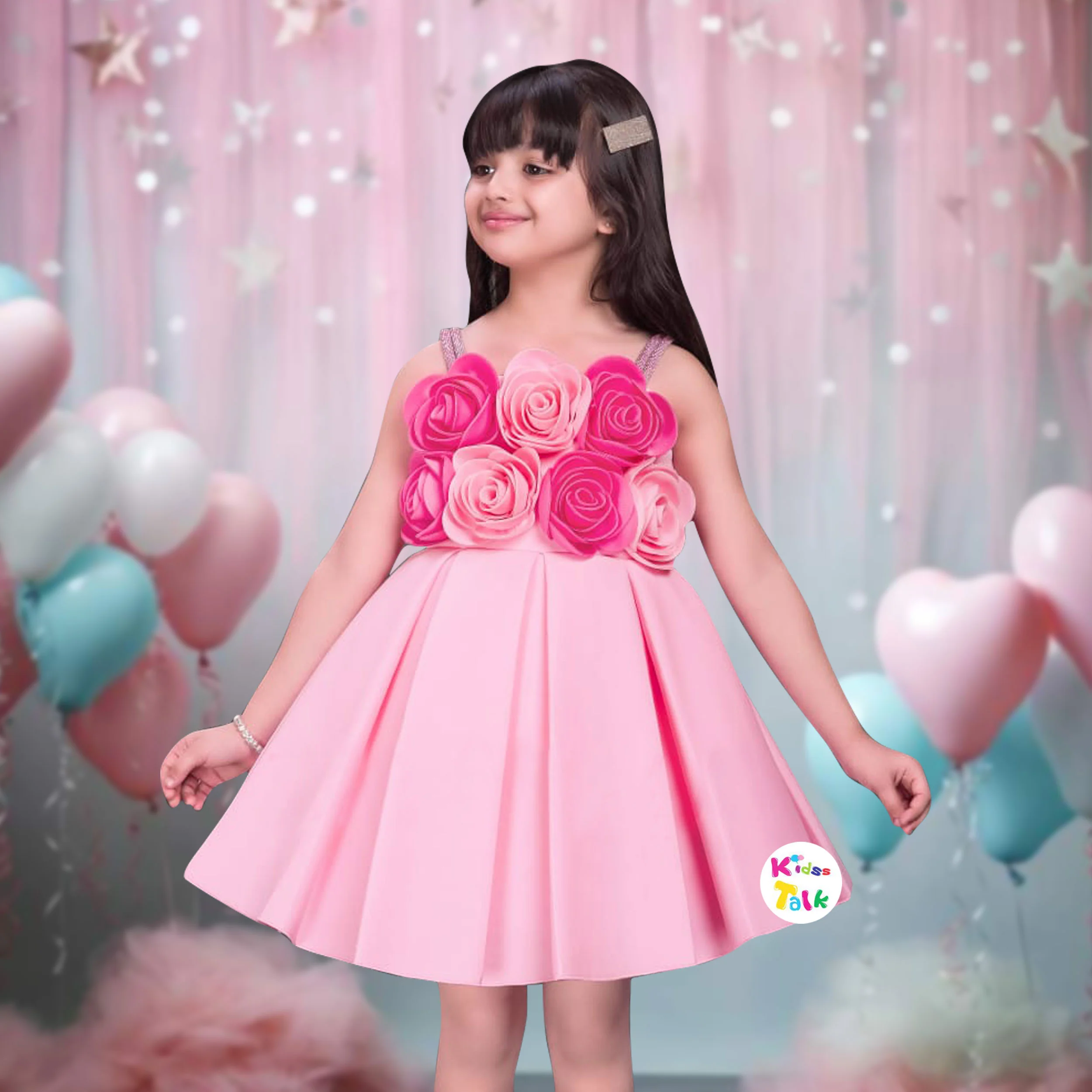 Scuba Sleeveless Party Frock With Flower Applique - Baby Pink