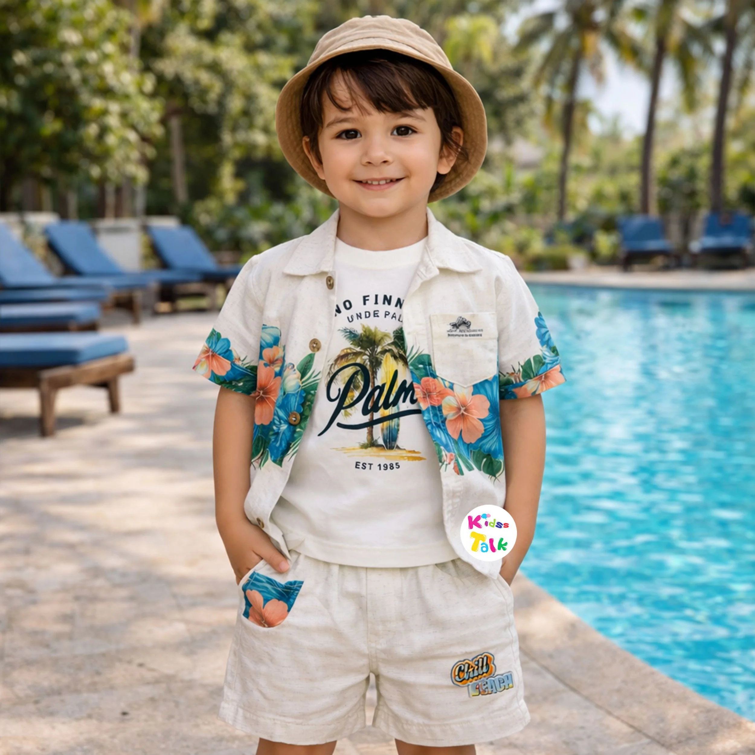 Cotton Half Sleeve Printed Shirt With T-shirt & Half Pant - Blue