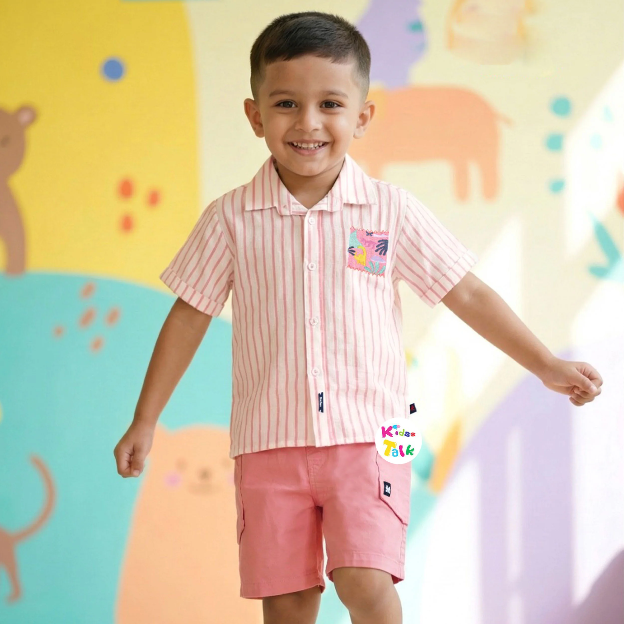Cotton Half Sleeve Shirt & Half Pant With Cute Patch Work - Peach