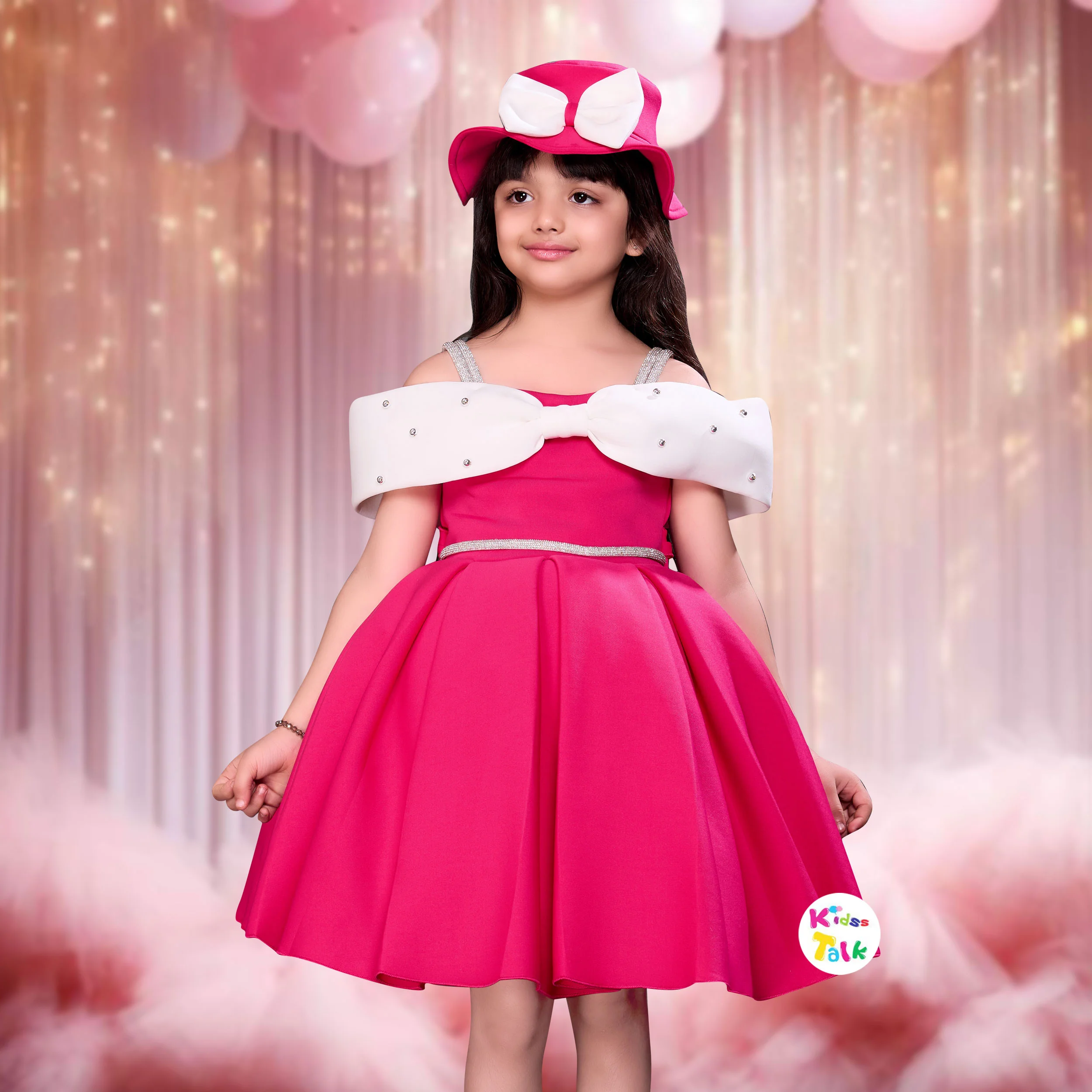 Scuba Sleeveless Party Frock With Bow Applique - Hot Pink