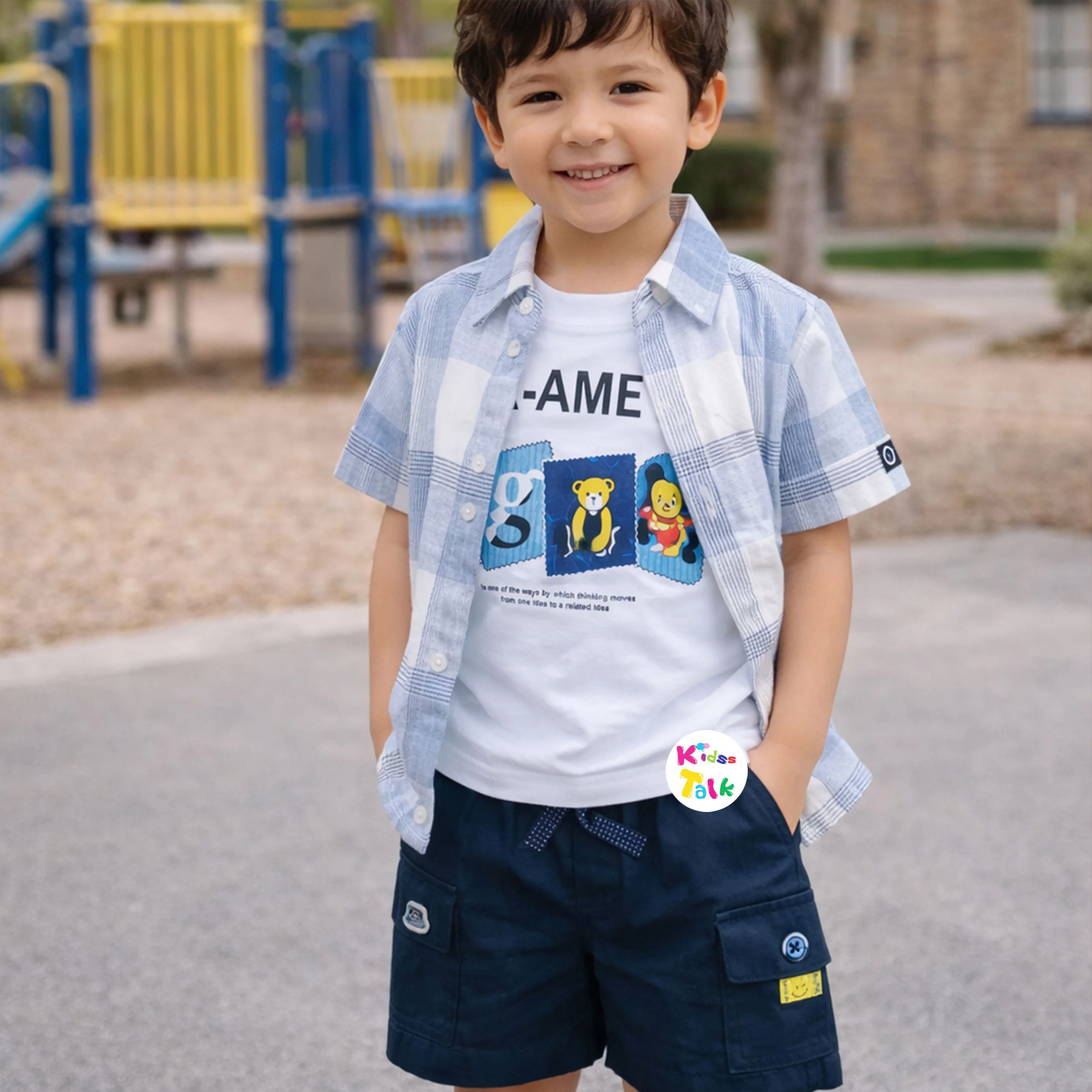 Cotton Half Sleeve Printed Shirt With T-shirt & Half Pant - Ice Blue