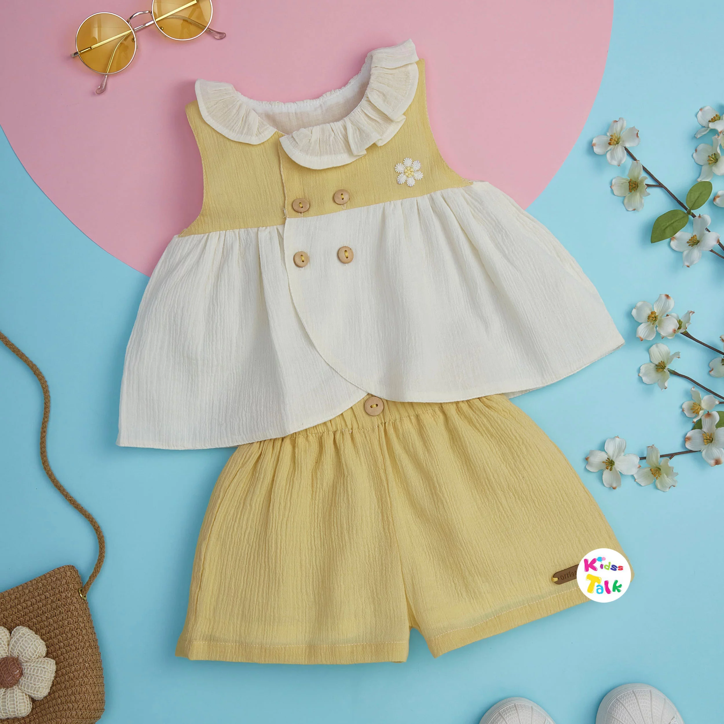 Muslin Sleeveless Half Pant Set - Mustard