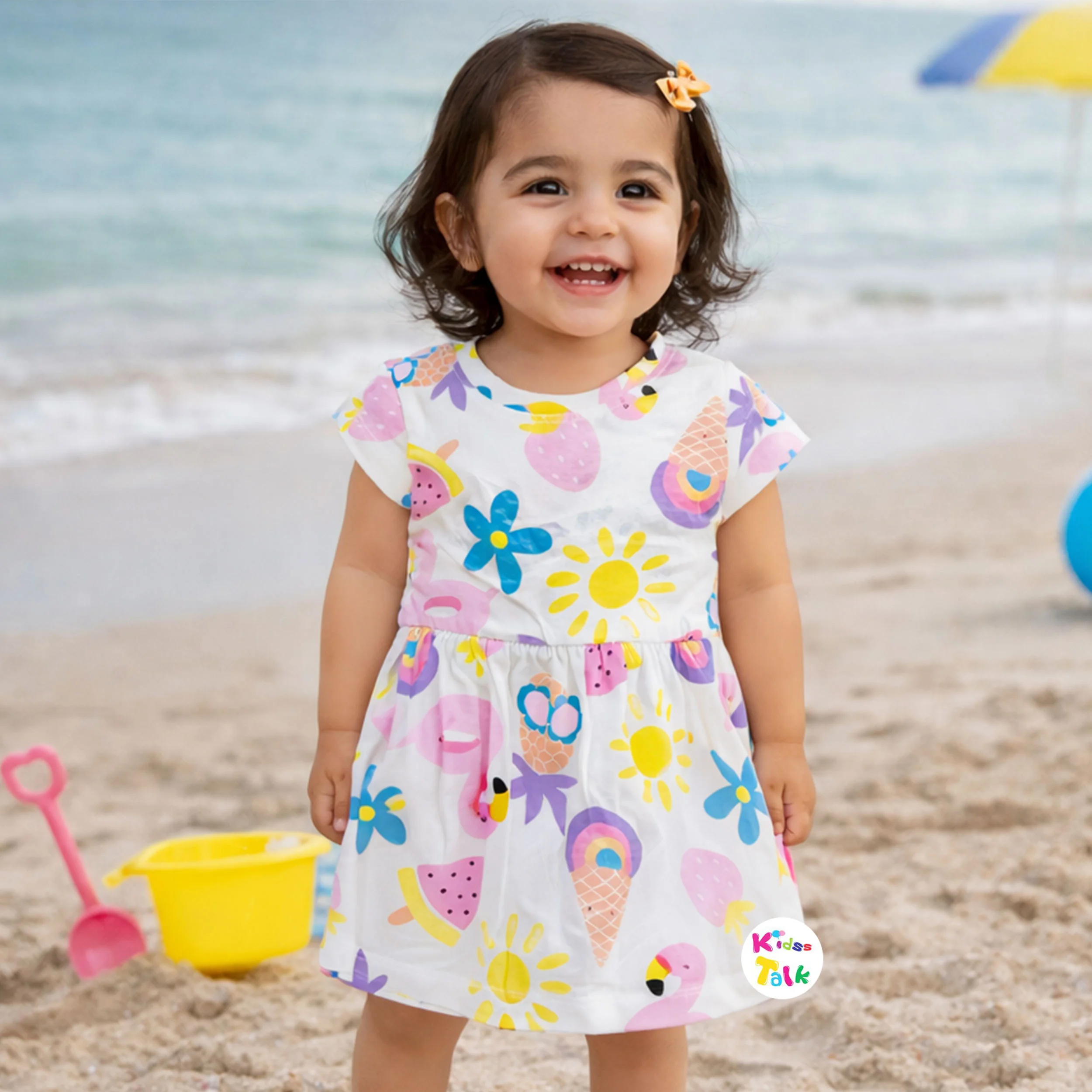 Cute Cotton Knitted Half Sleeve Printed Frock- Cream