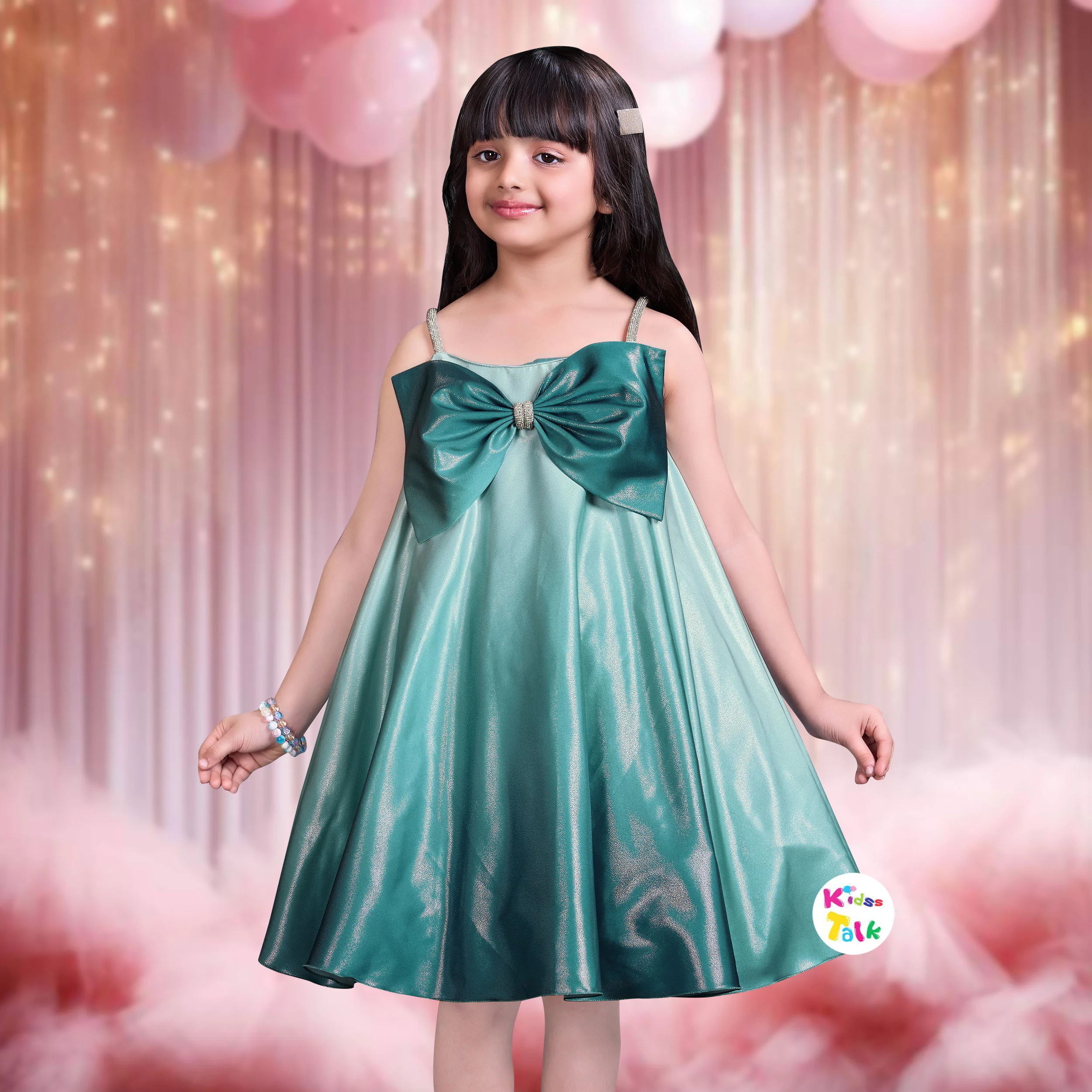 Shimmer Sleeveless Party Frock With Bow Applique - Blue