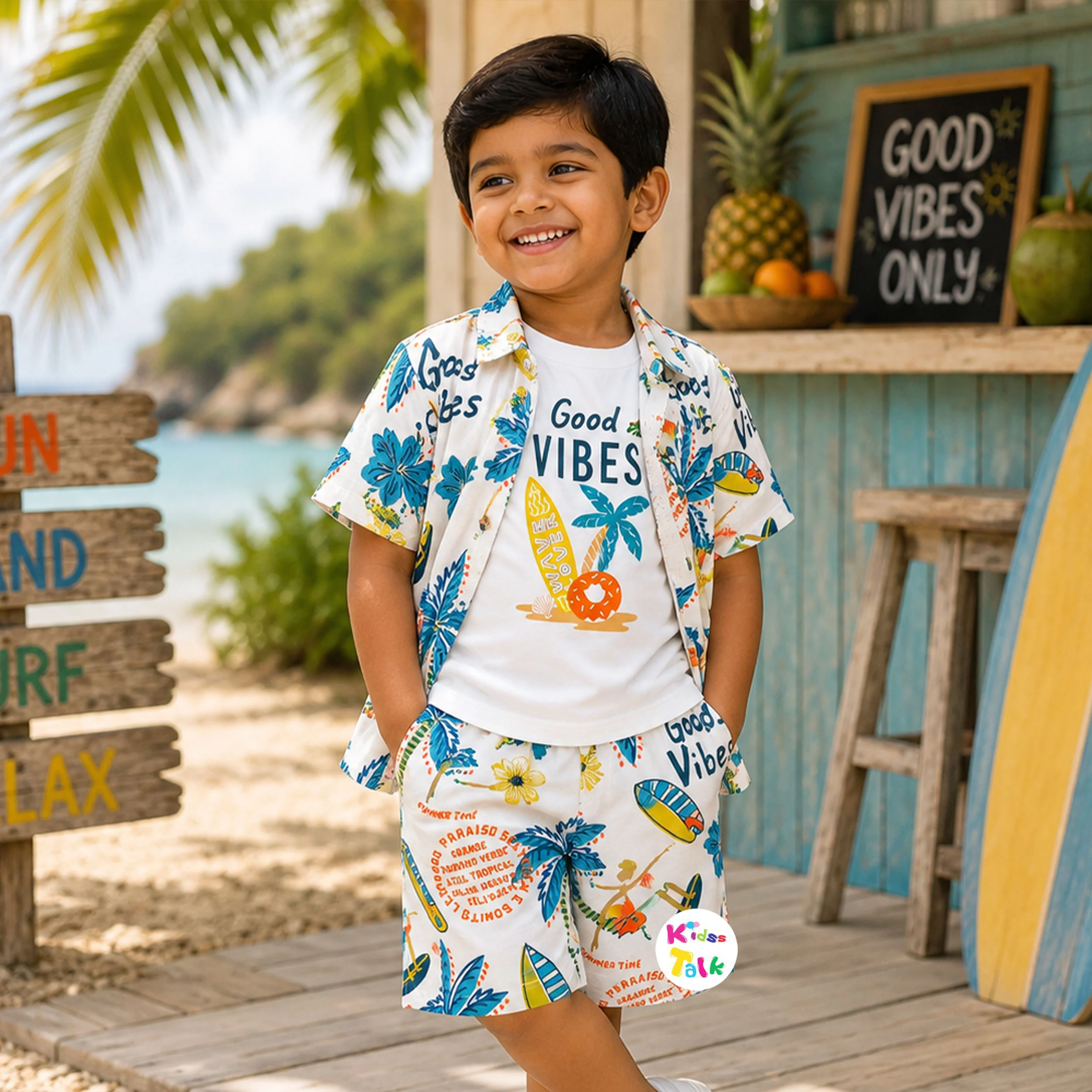 Cute Half Sleeve Printed Shirt With T-shirt & Half Pant - Brown