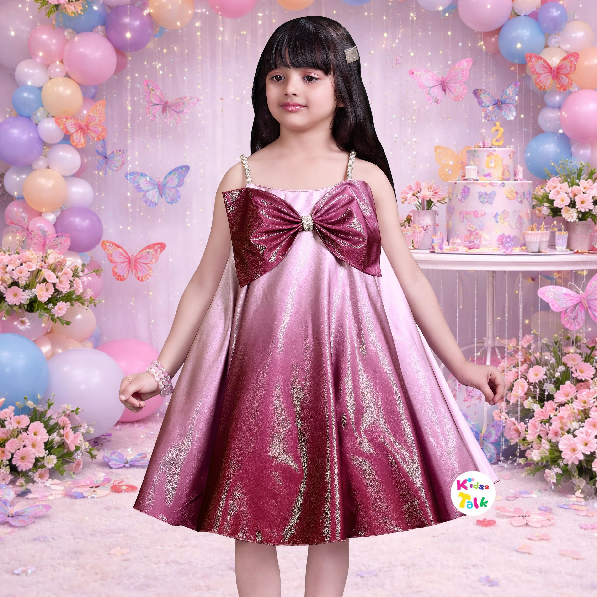 Shimmer Sleeveless Party Frock With Bow Applique - Pink
