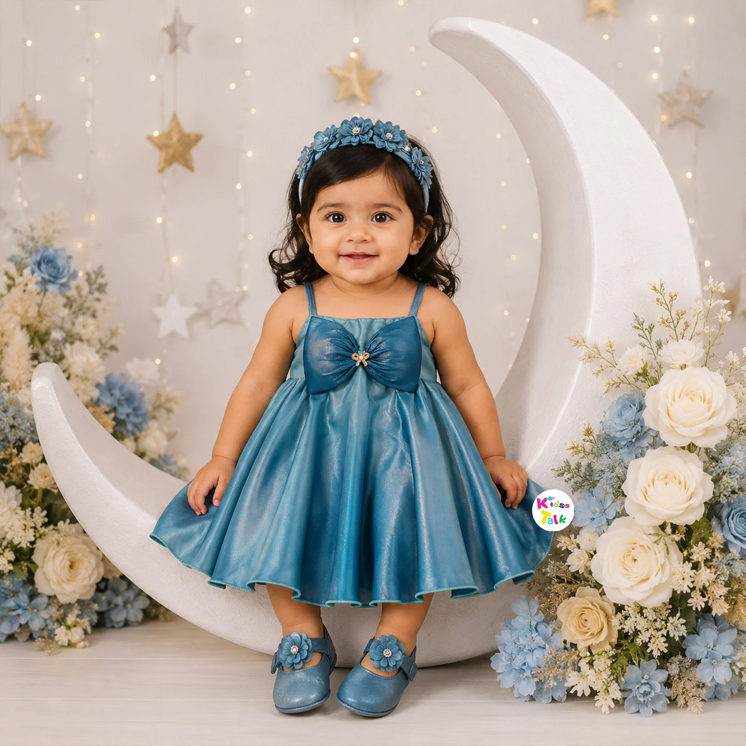 Shimmer Sleeveless Party Frock With Bow Applique - Blue