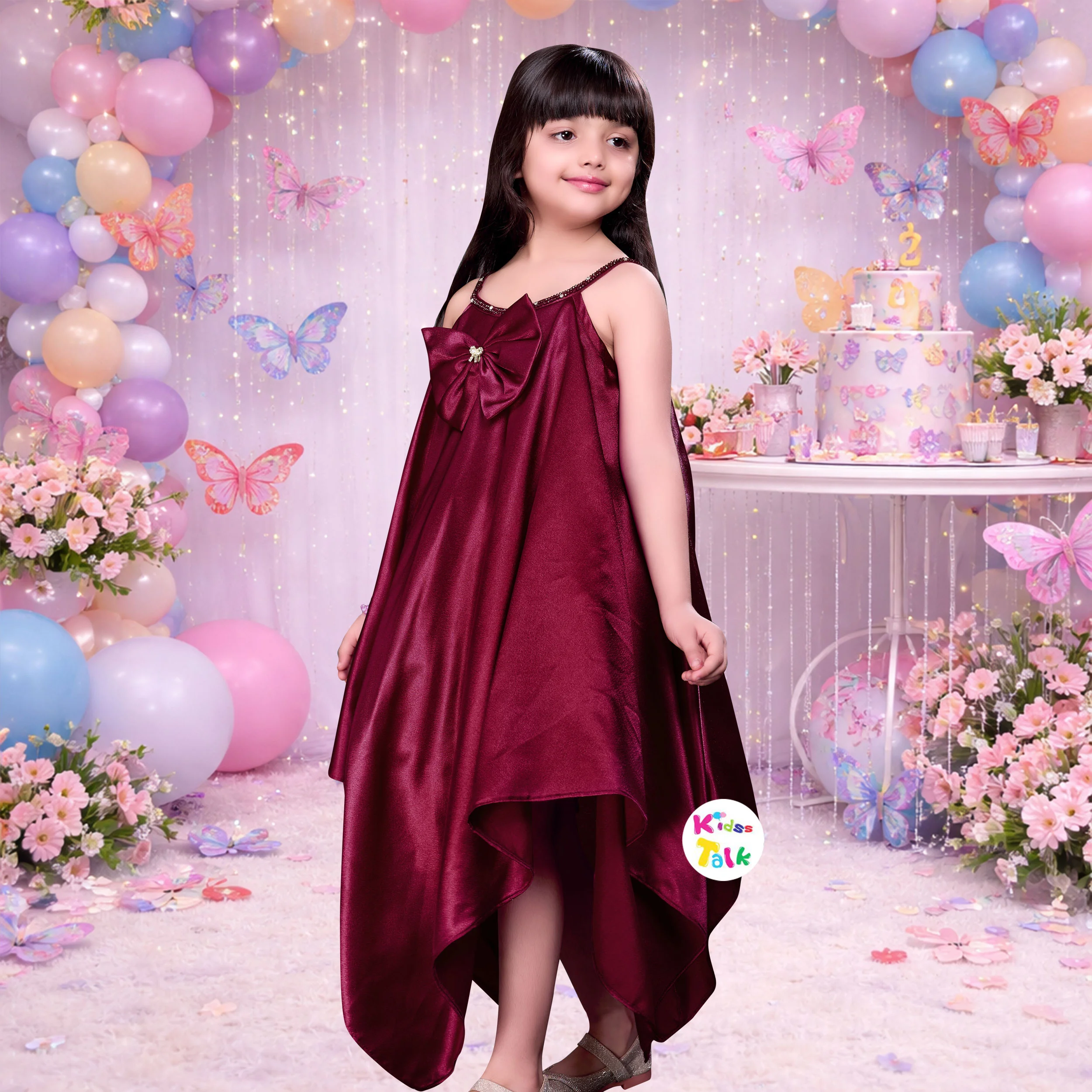 Satin Sleeveless Party Frock With Bow Applique - Wine