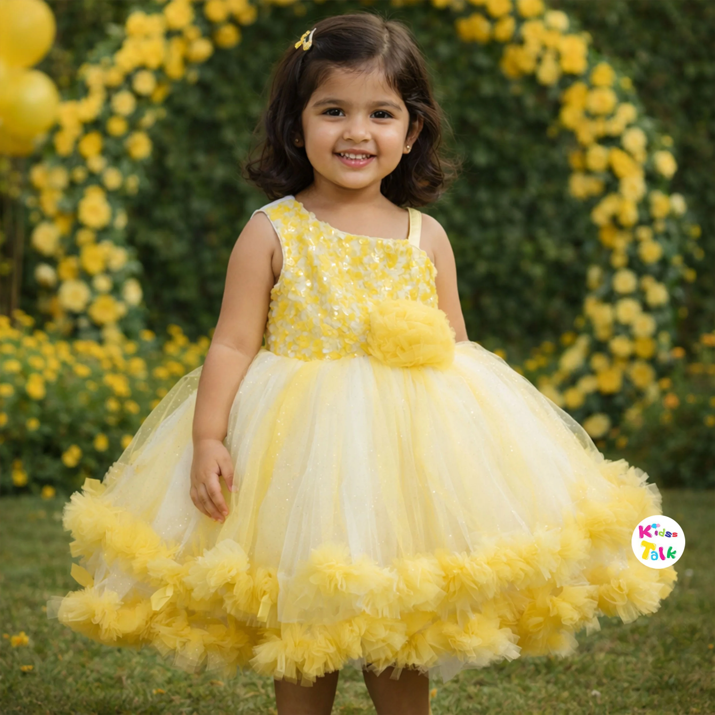 Sequins Sleeveless Party Frock With Sequins Applique - Lemon Yellow