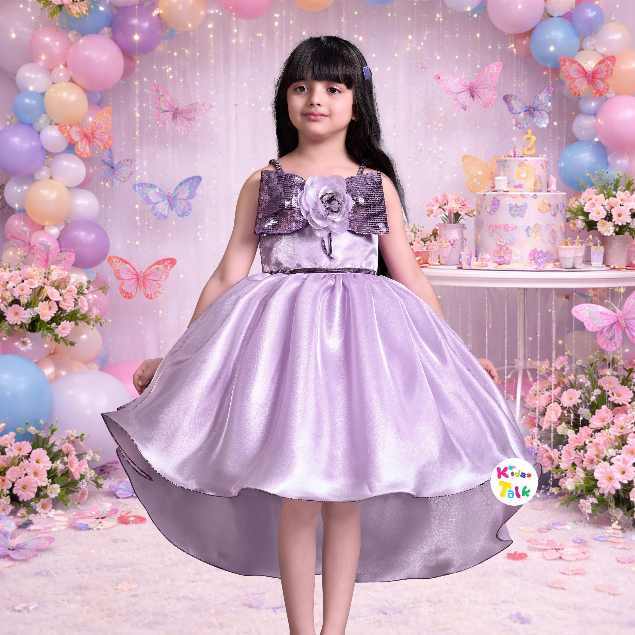 Satin Sleeveless Party Frock With Bow Applique - Lavender
