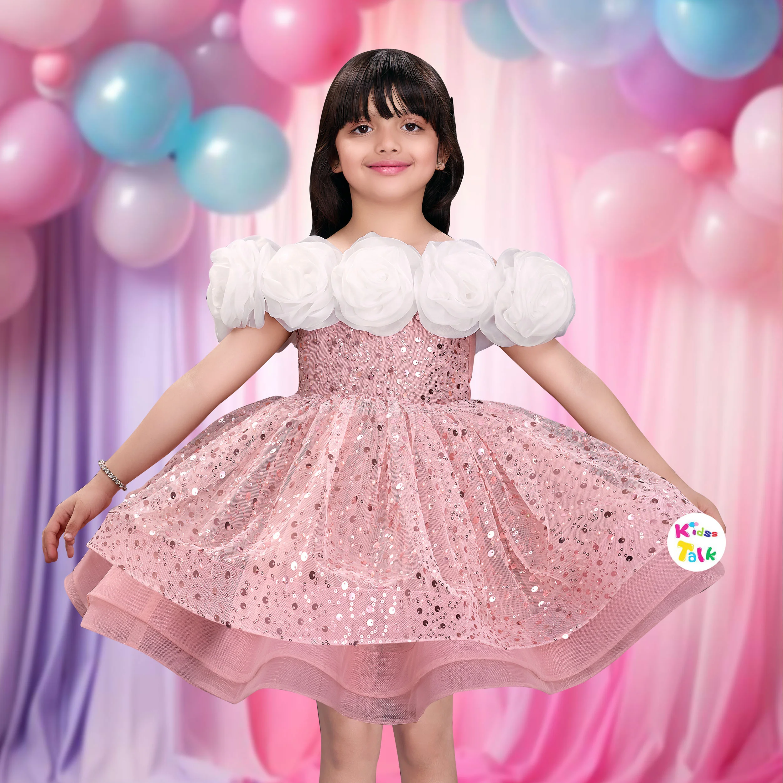 Sequins Sleeveless Party Frock With Flower Applique - Onion Pink