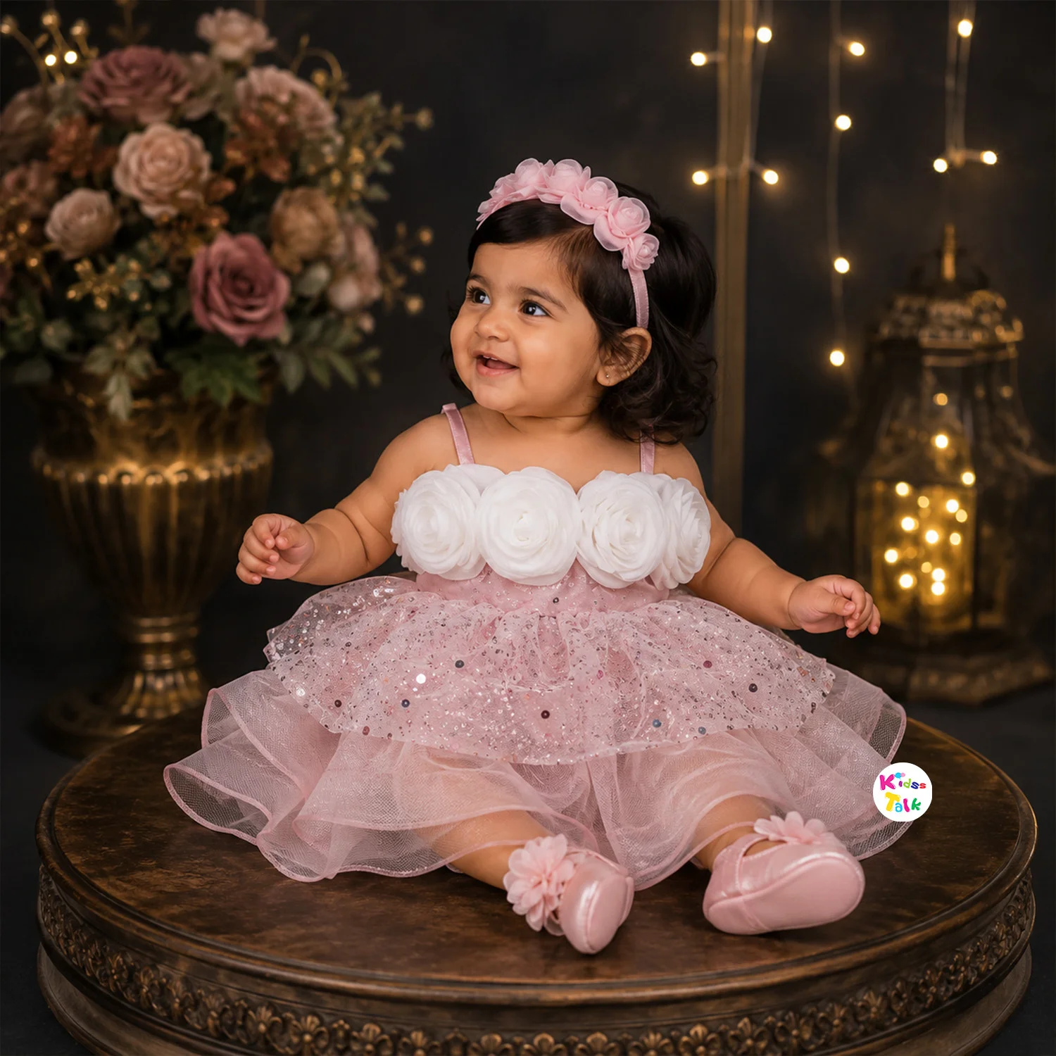 Sequins Sleeveless Party Frock With Flower Applique - Onion Pink
