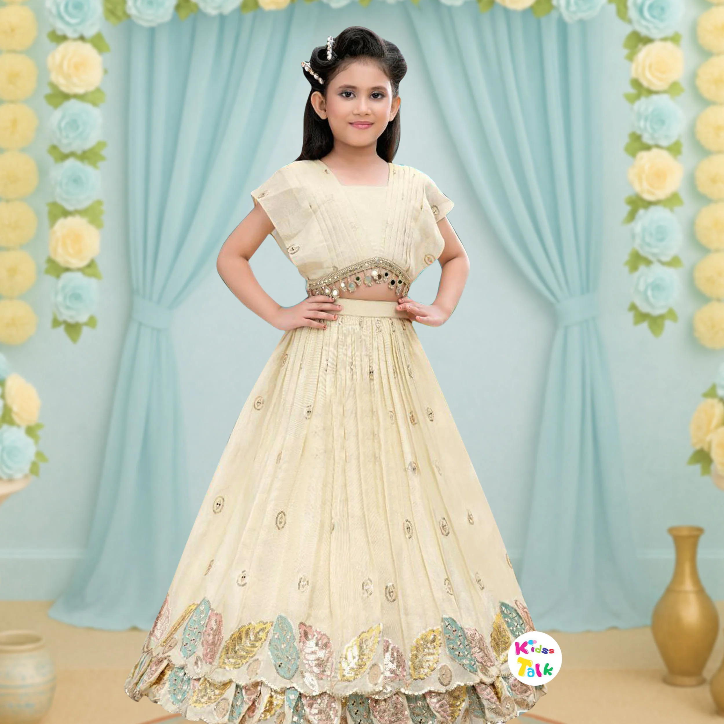 Silk Half Sleeve Zardhoti Work Top With Choli & Dupatta - Beige