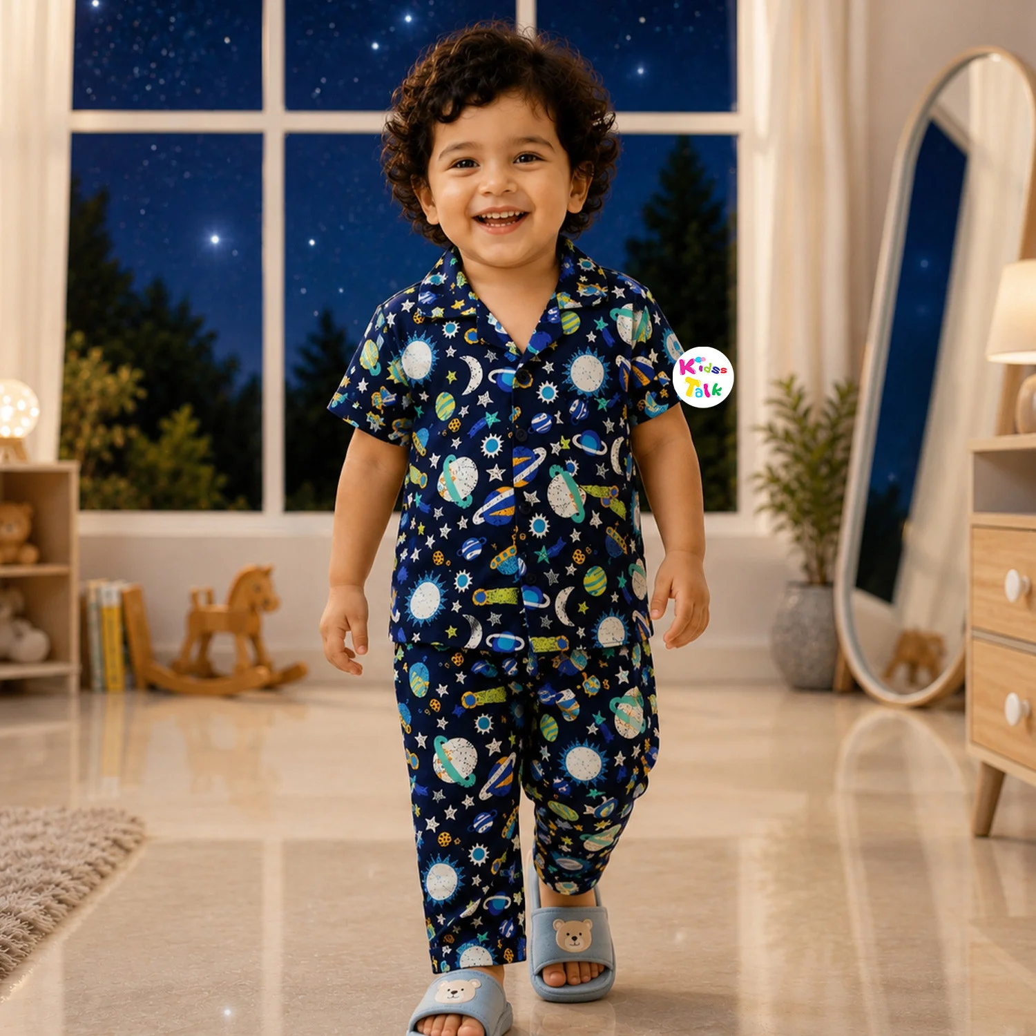 Cotton Half Sleeve Night Suit With Cute All Over Print - Navy Blue