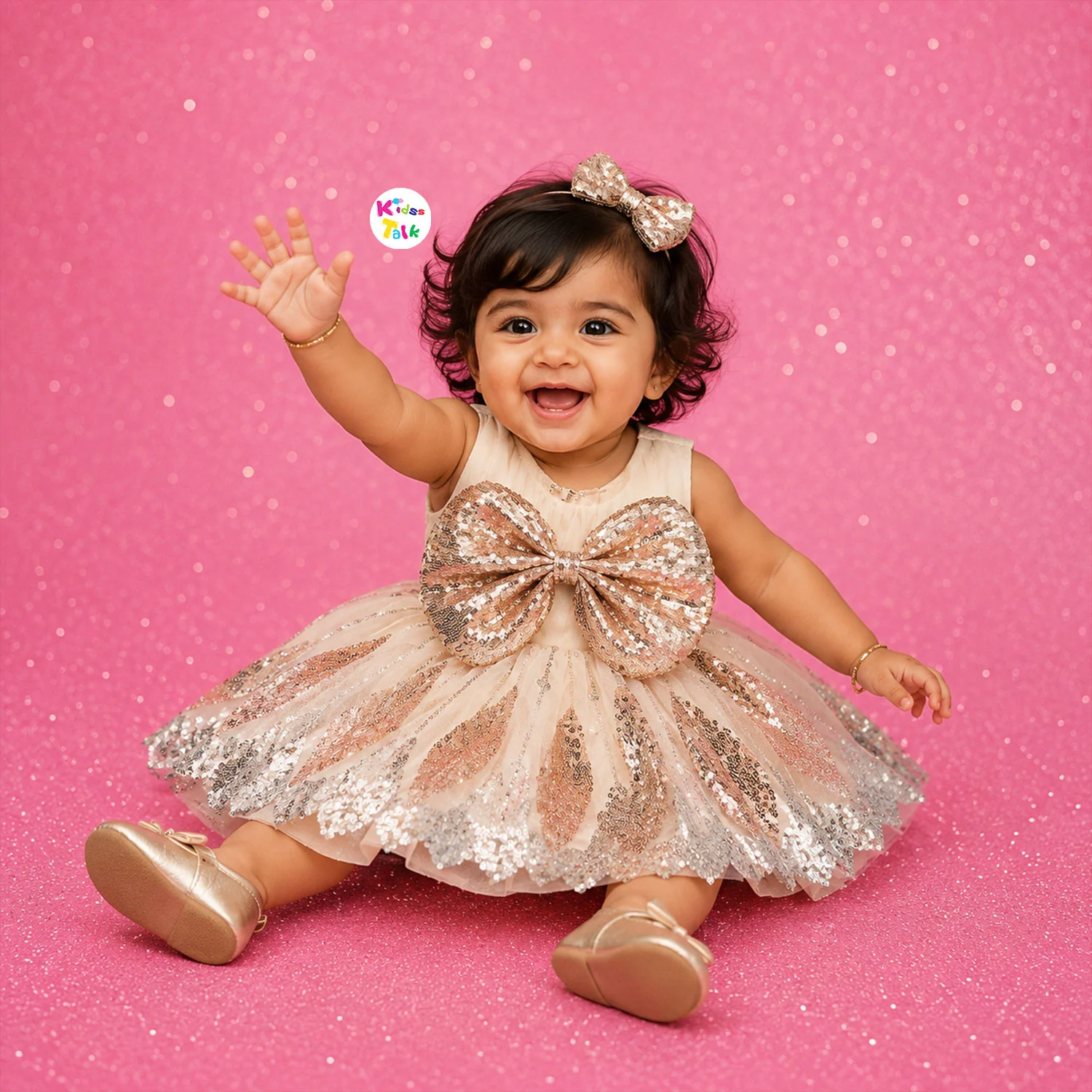 Net Sleeveless Party Frock With Flower Applique - Beige