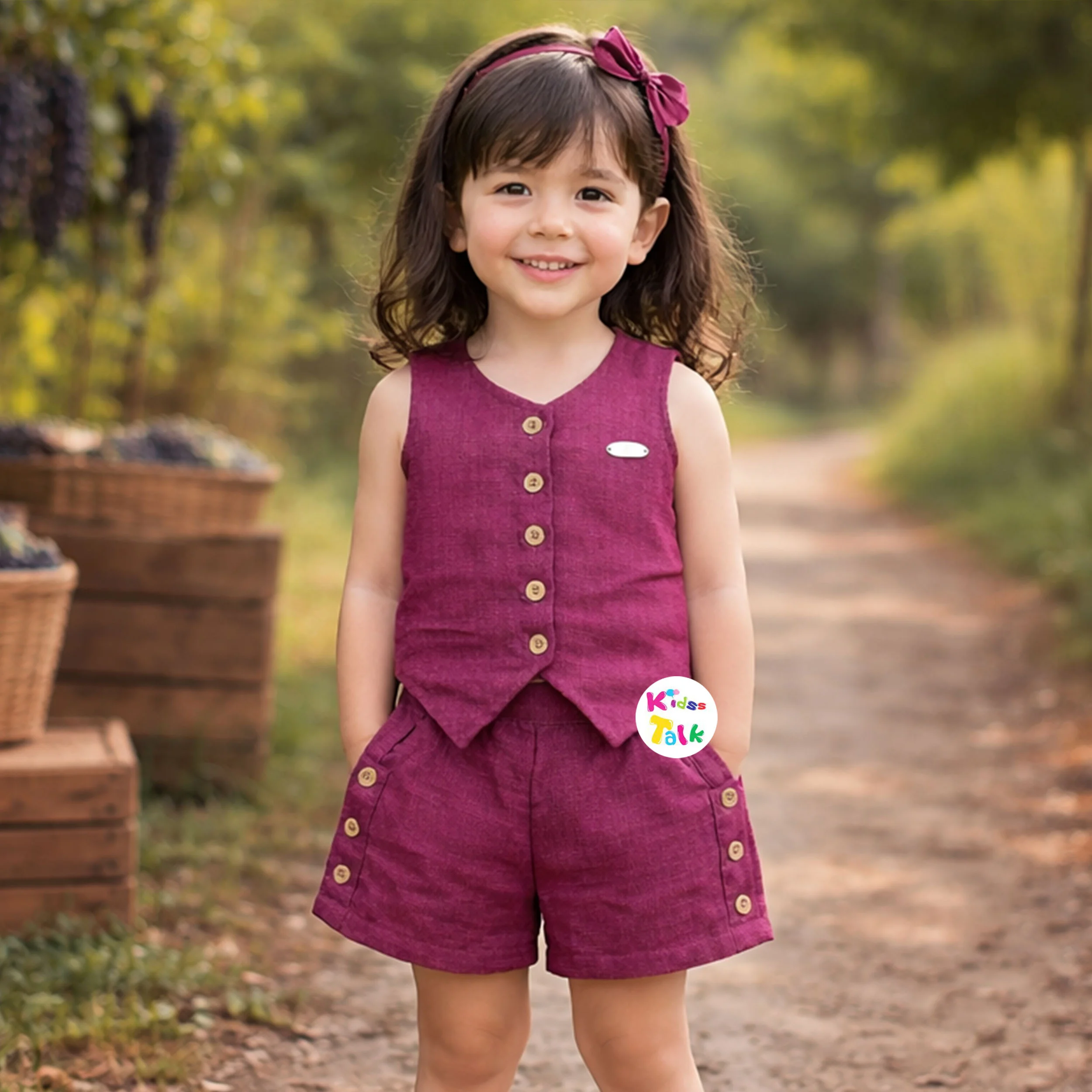 Cotton Sleeveless Top With Cute Patch Work & Half Pant - Purple