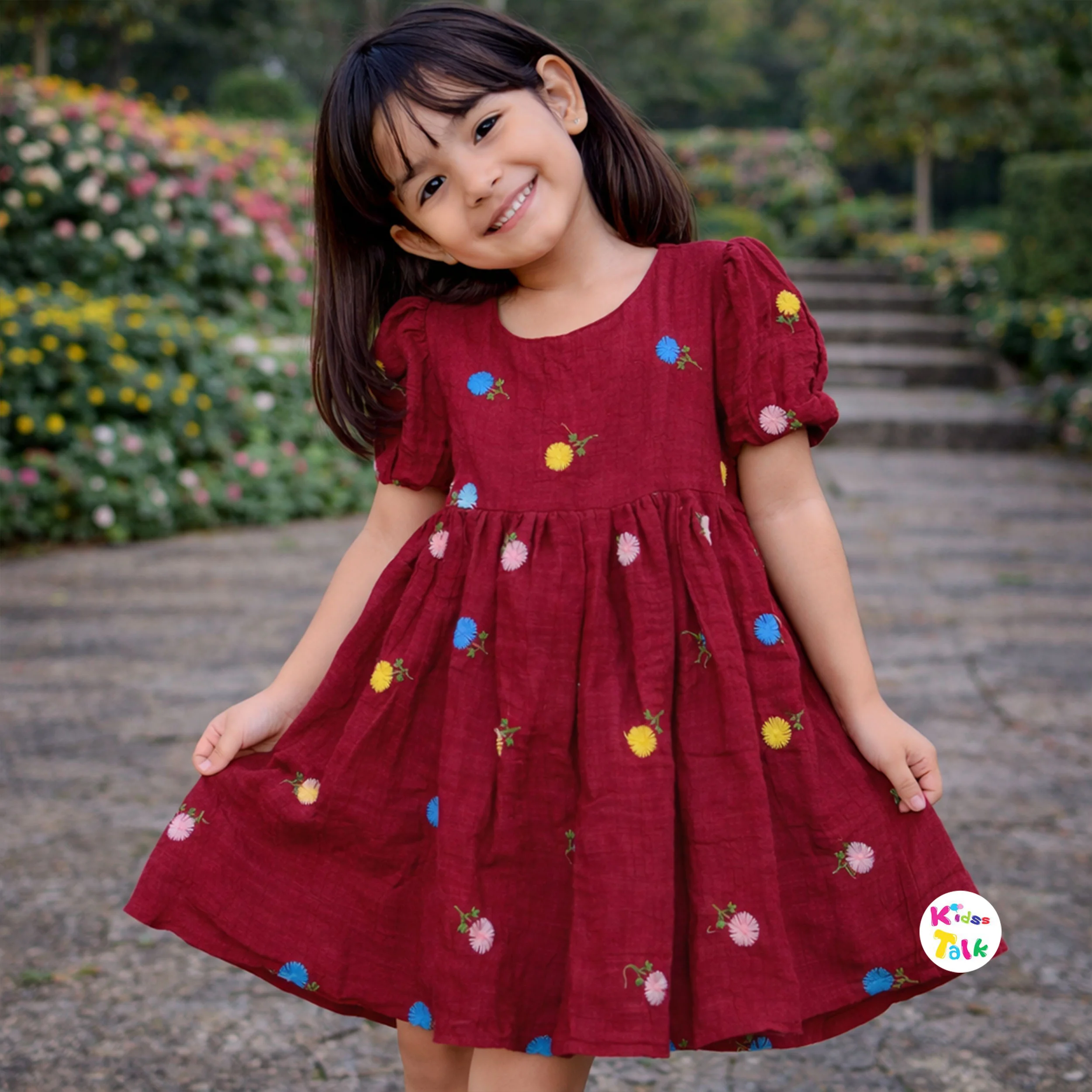 Soft Cotton Half Sleeve Frock With Cute Embroidered - Maroon