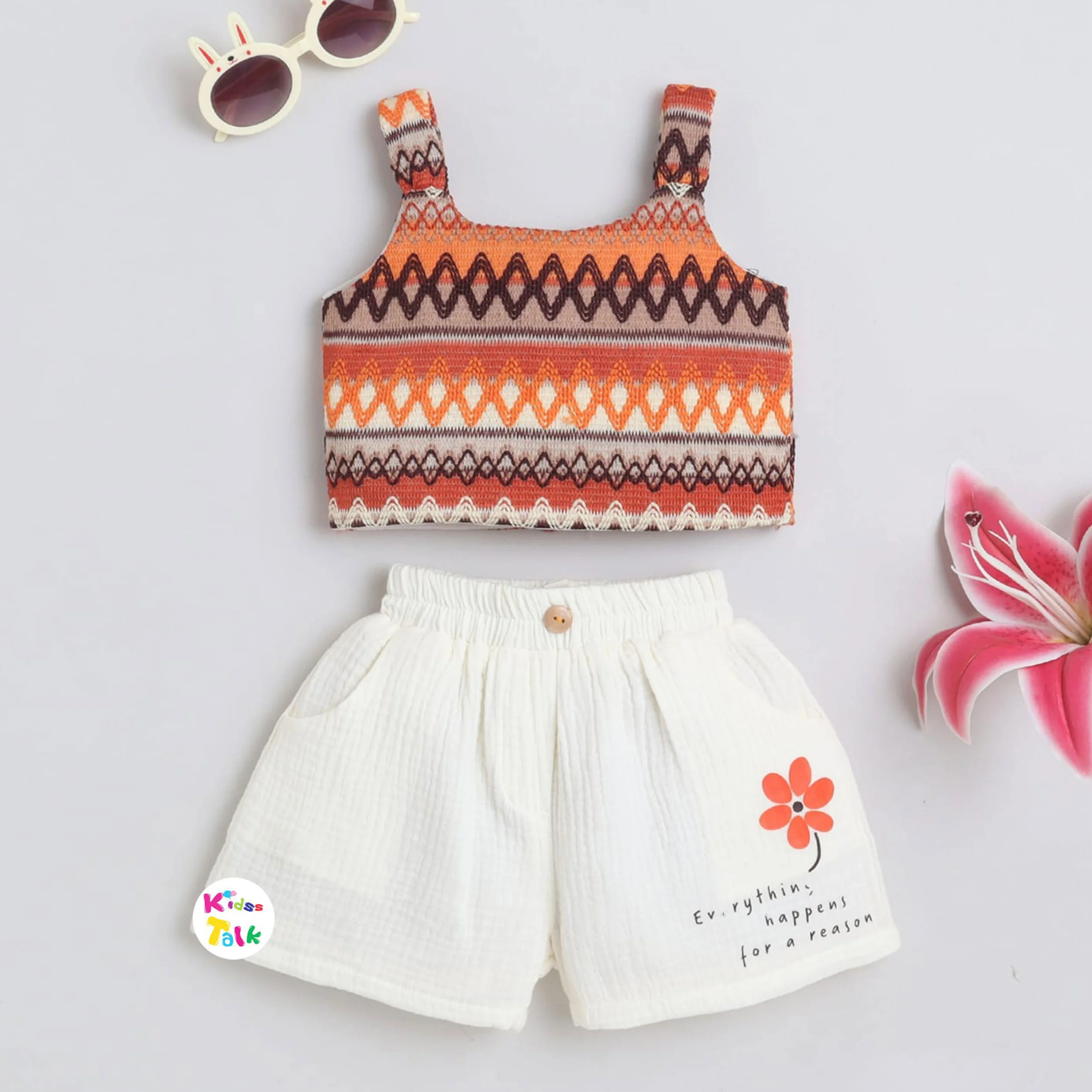 Muslin Sleeveless Top With Patch Work & Half Pant - Brown