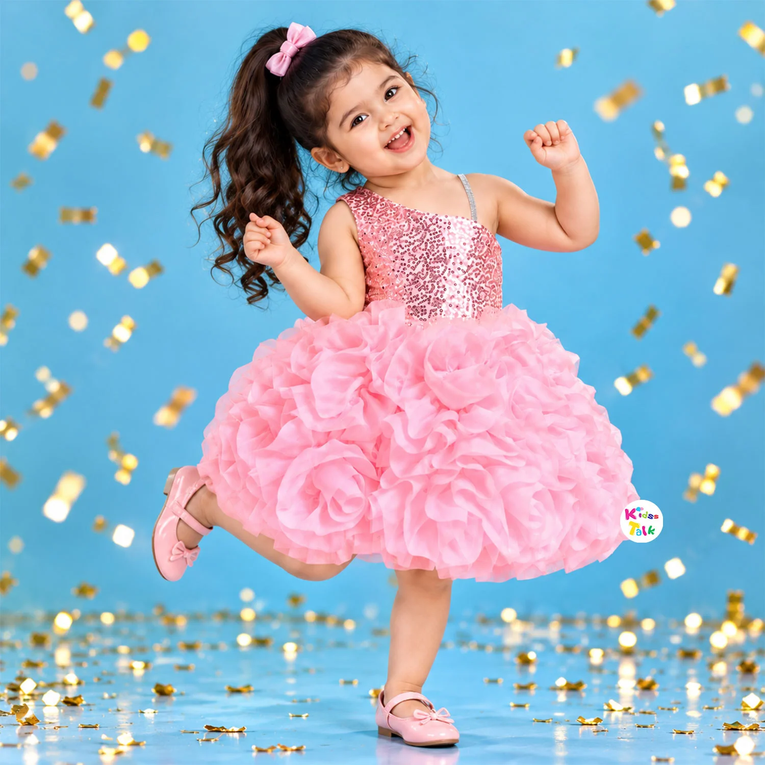 Sequins Sleeveless Party Frock With Ruffle Rose Skirt - Pink