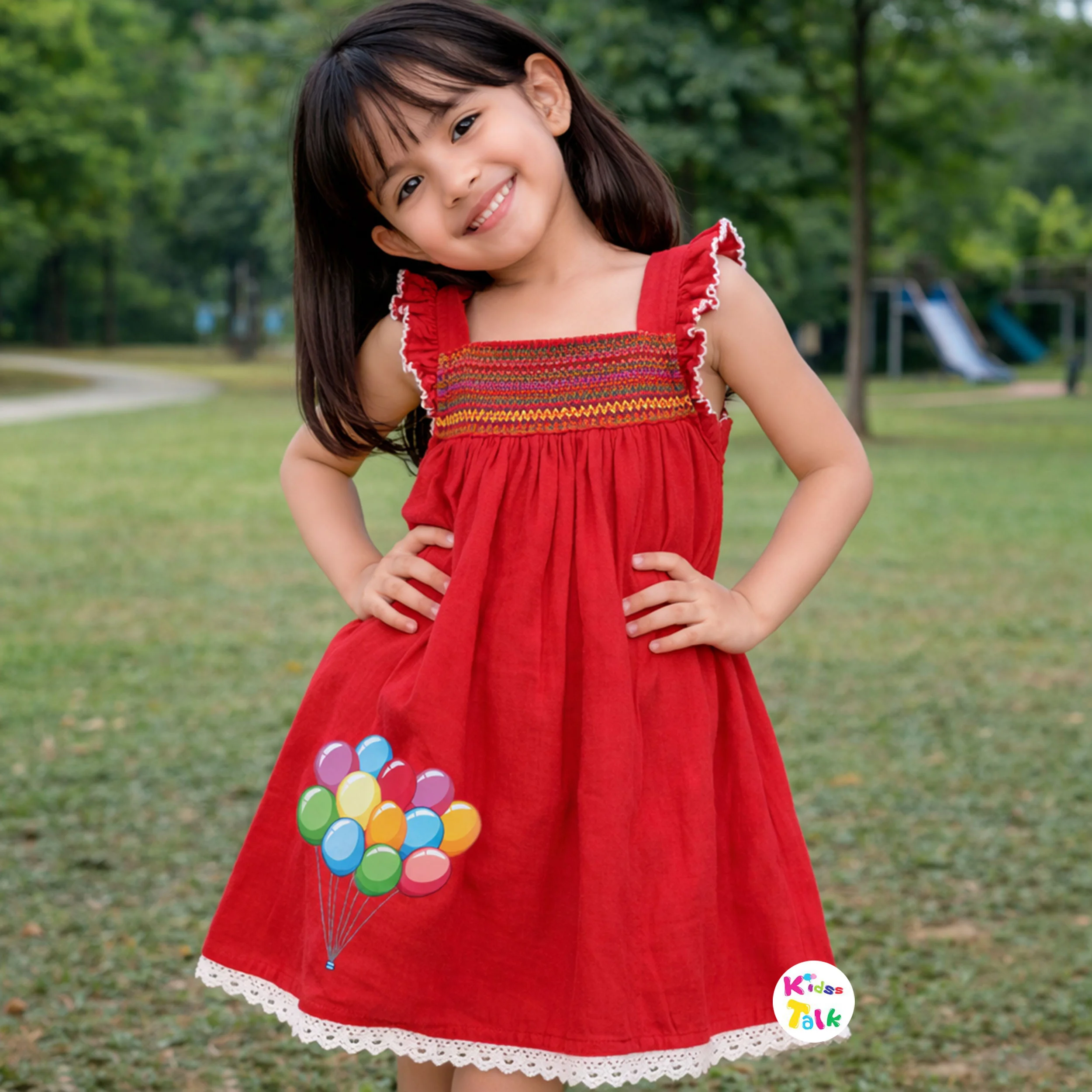 Soft Cotton Half Sleeve Frock With Cute Embroidered - Red