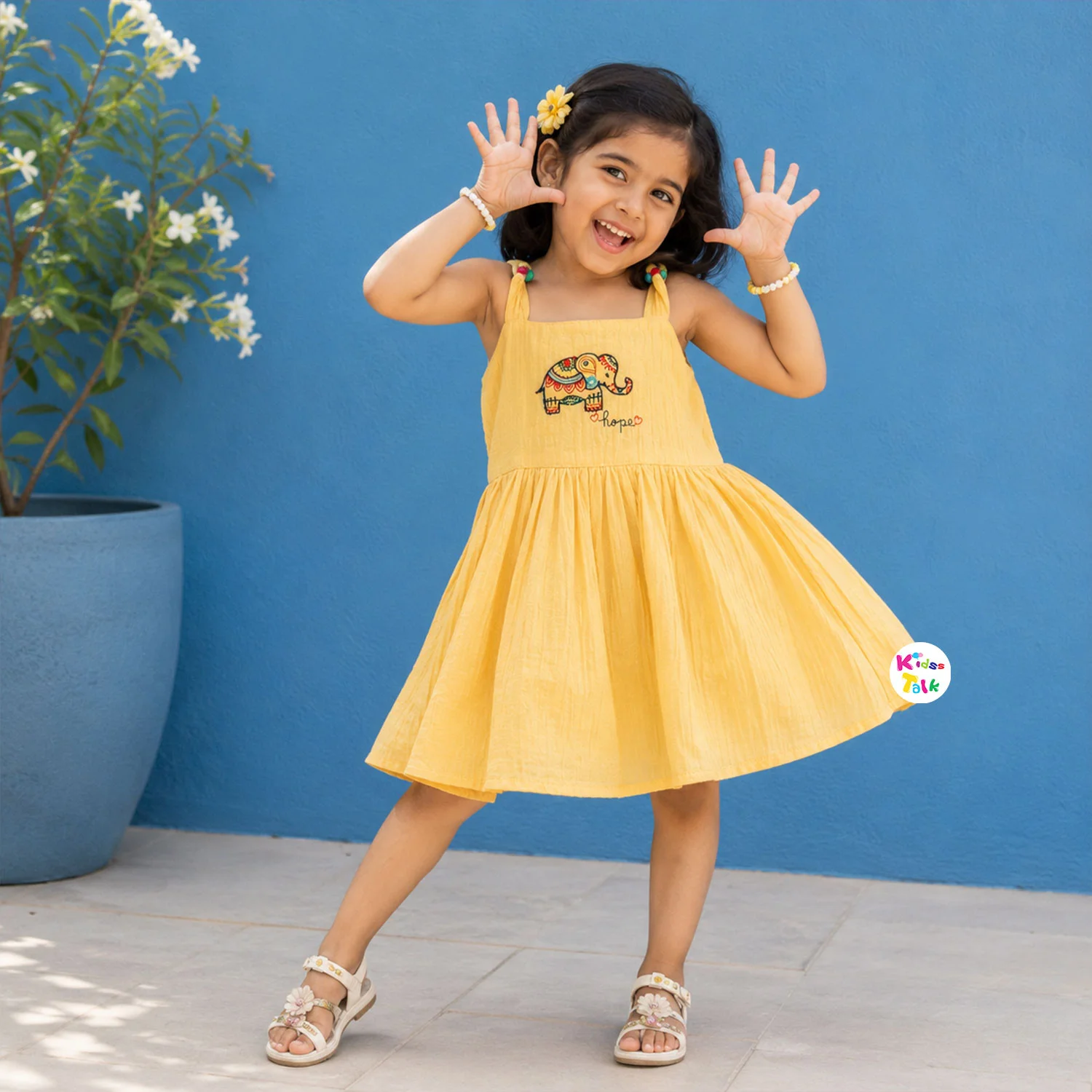 Soft Muslin Spaghetti Strap Frock With Embroidery - Lemon Yellow