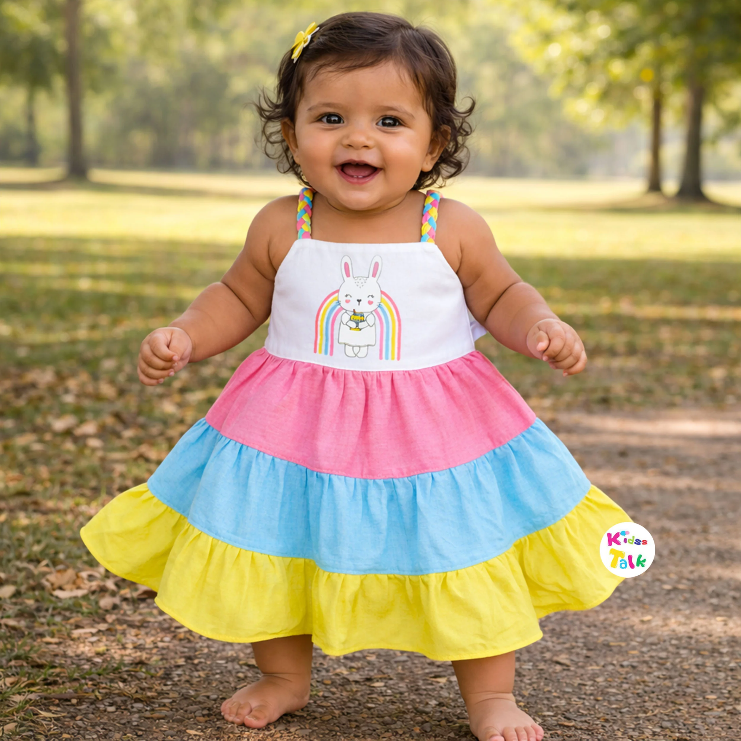 Cotton Sleeveless Frock With Cute Printed - Multicolour