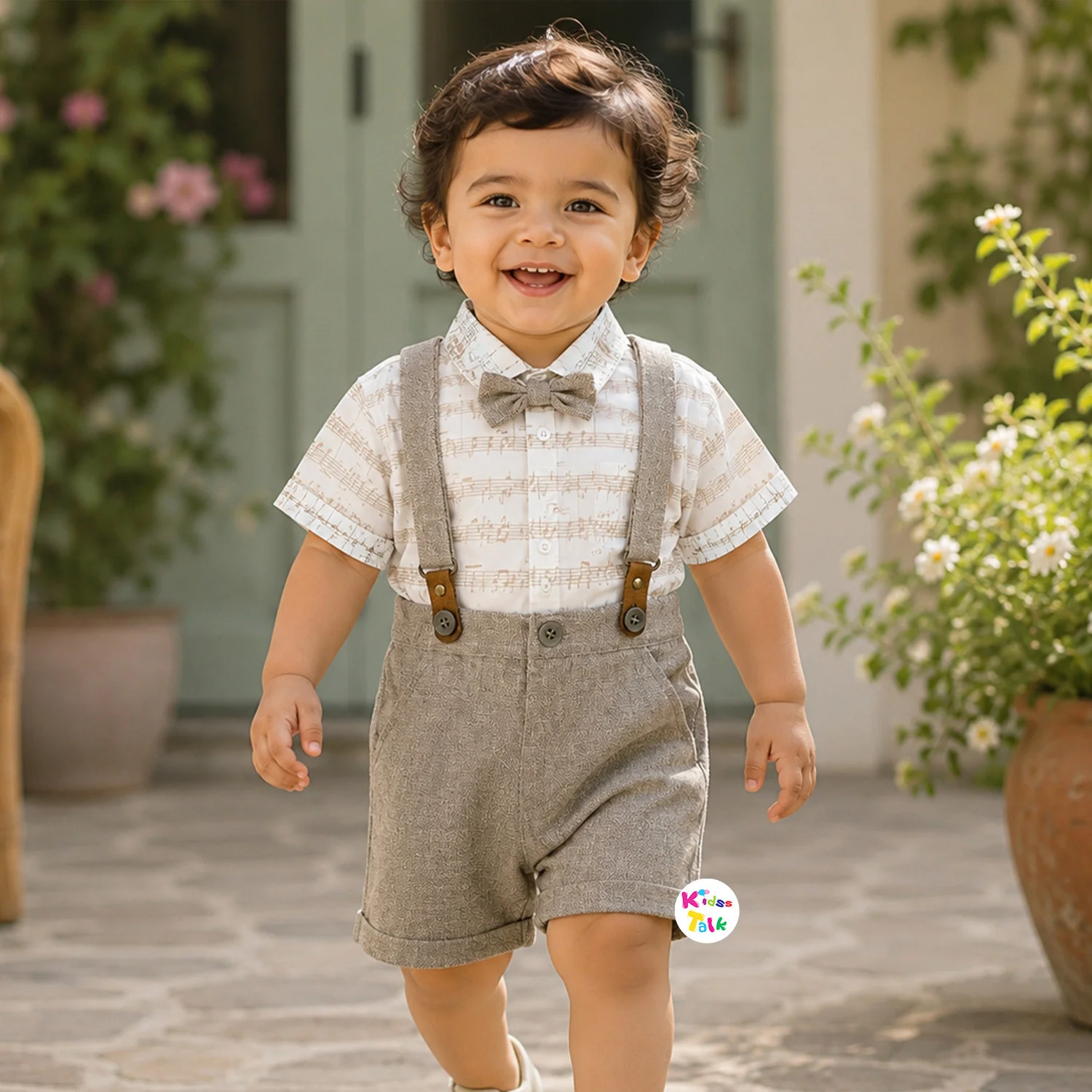 Cotton Half Sleeve Suspender With Shirt With Cute Stripes Print & Bow - Onion Pink