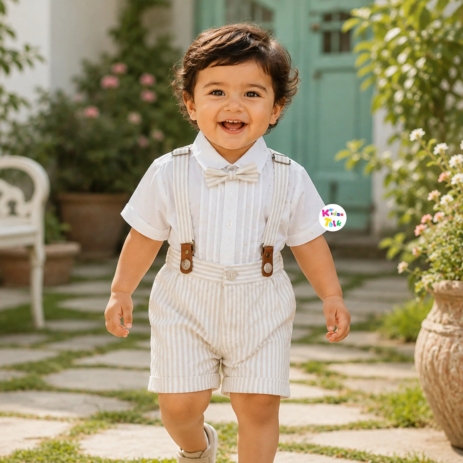 Cotton Half Sleeve Suspender With Shirt With Cute Stripes Print & Bow - Cream