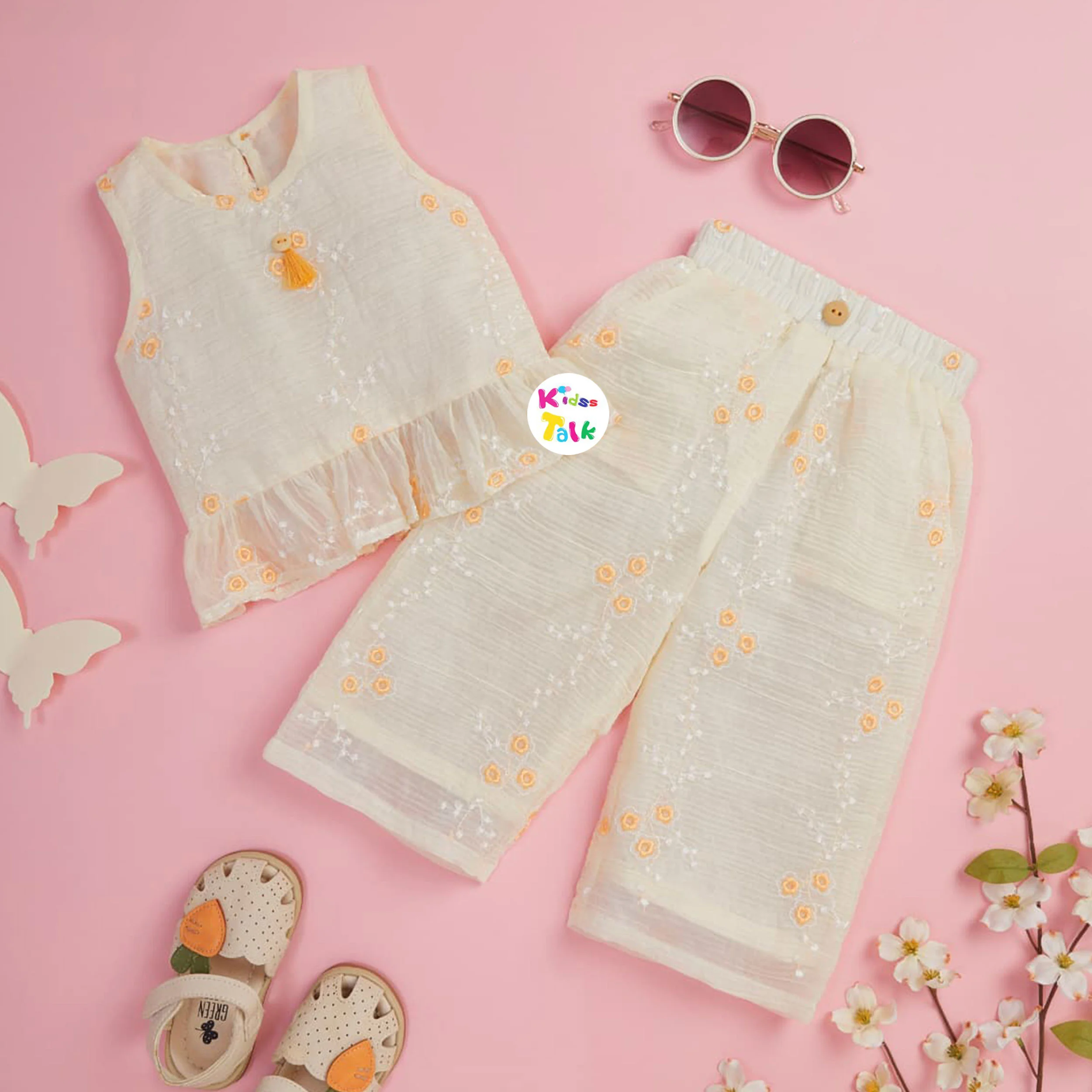 Cute Chiffon Sleeveless Embroidered Culottes Set - Cream