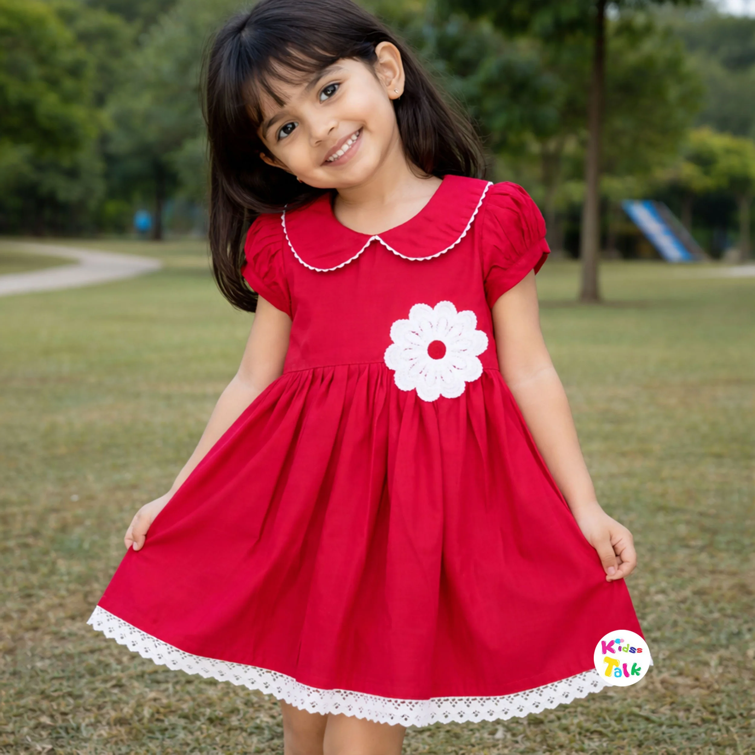 Cotton Half Sleeve Frock With Cute Flower Patch - Red