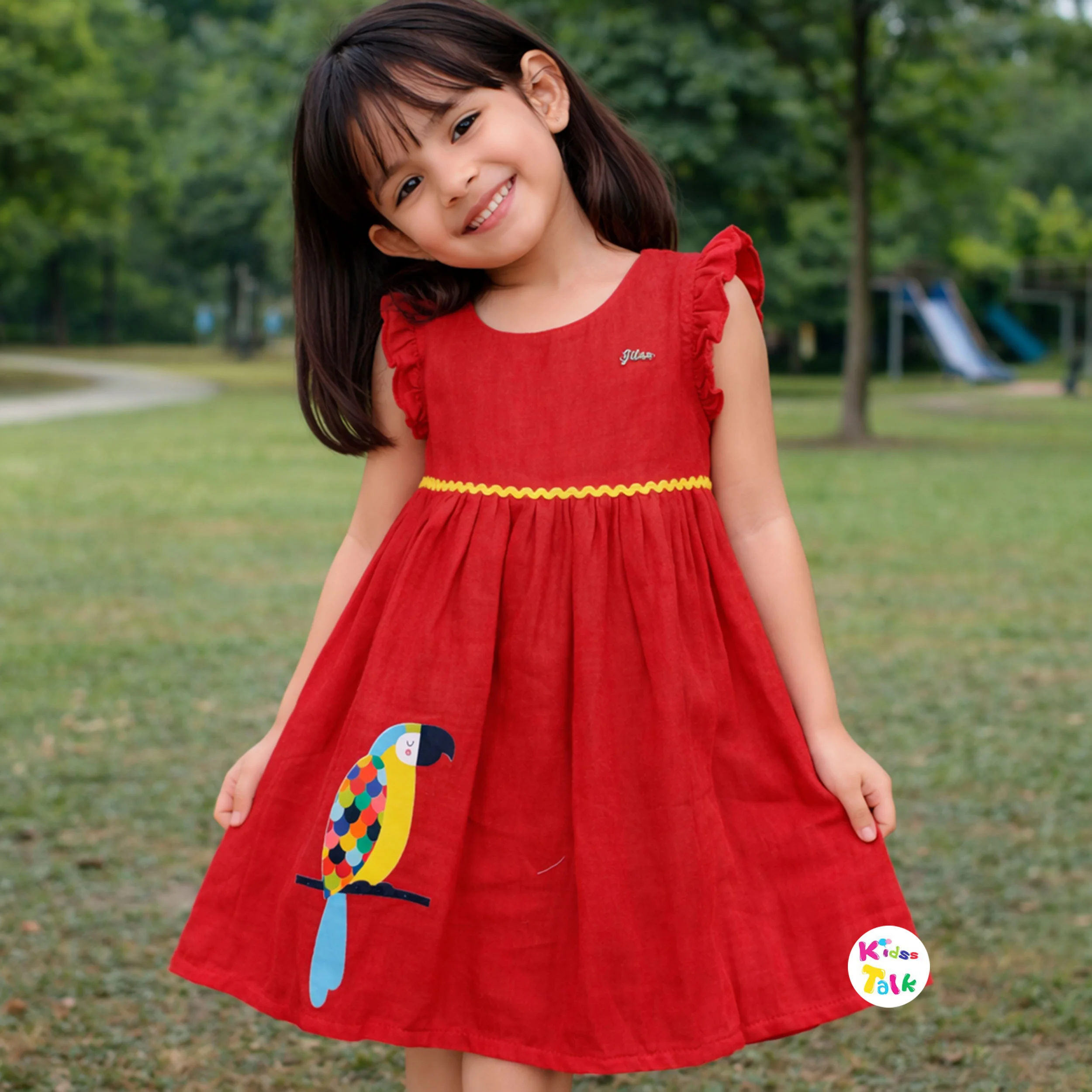 Muslin Half Sleeve Frock With Cute Printed - Red