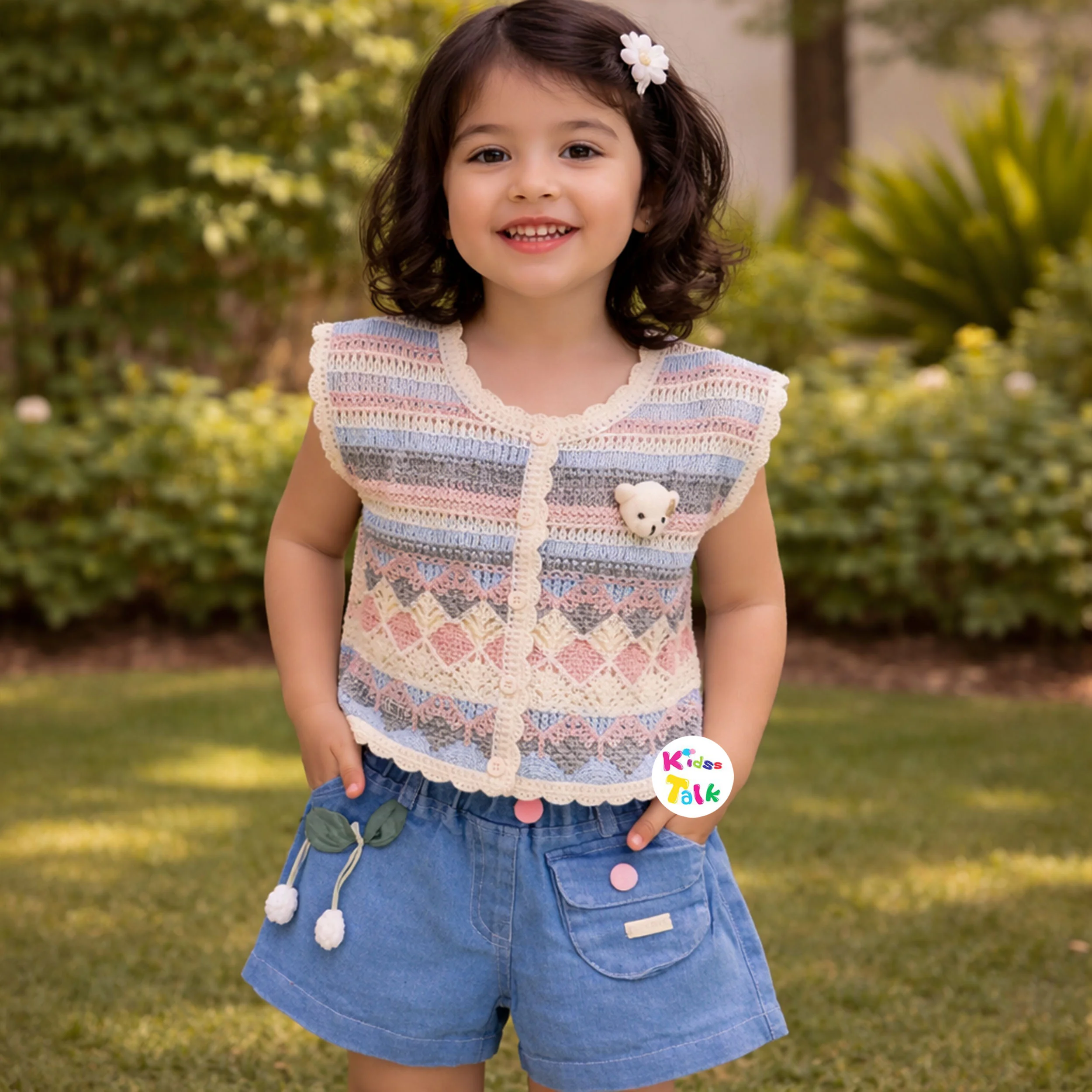 Cotton Knitted Half Sleeve Top With Cute Patch Work & Half Pant - Peach