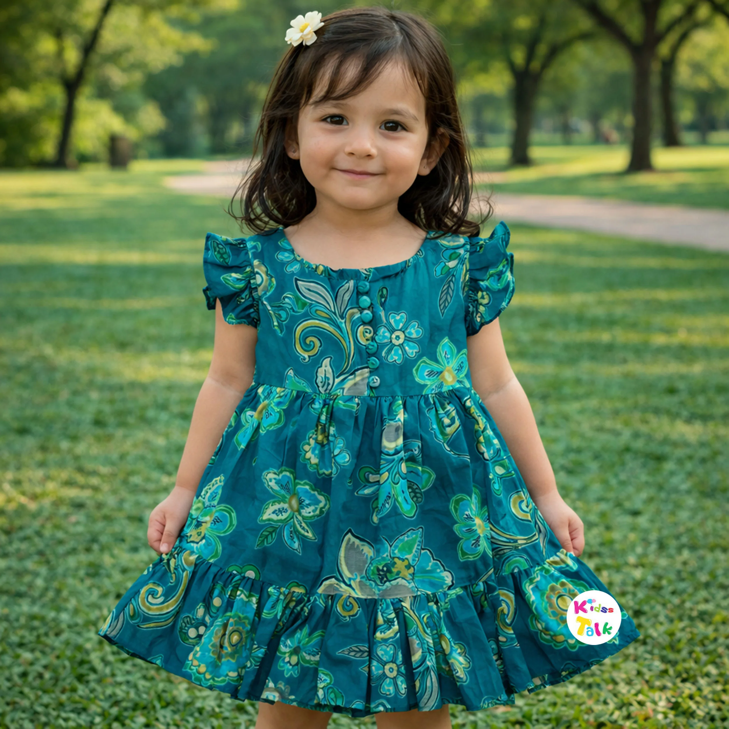 Soft Cotton Half Sleeve Frock With Printed - Green