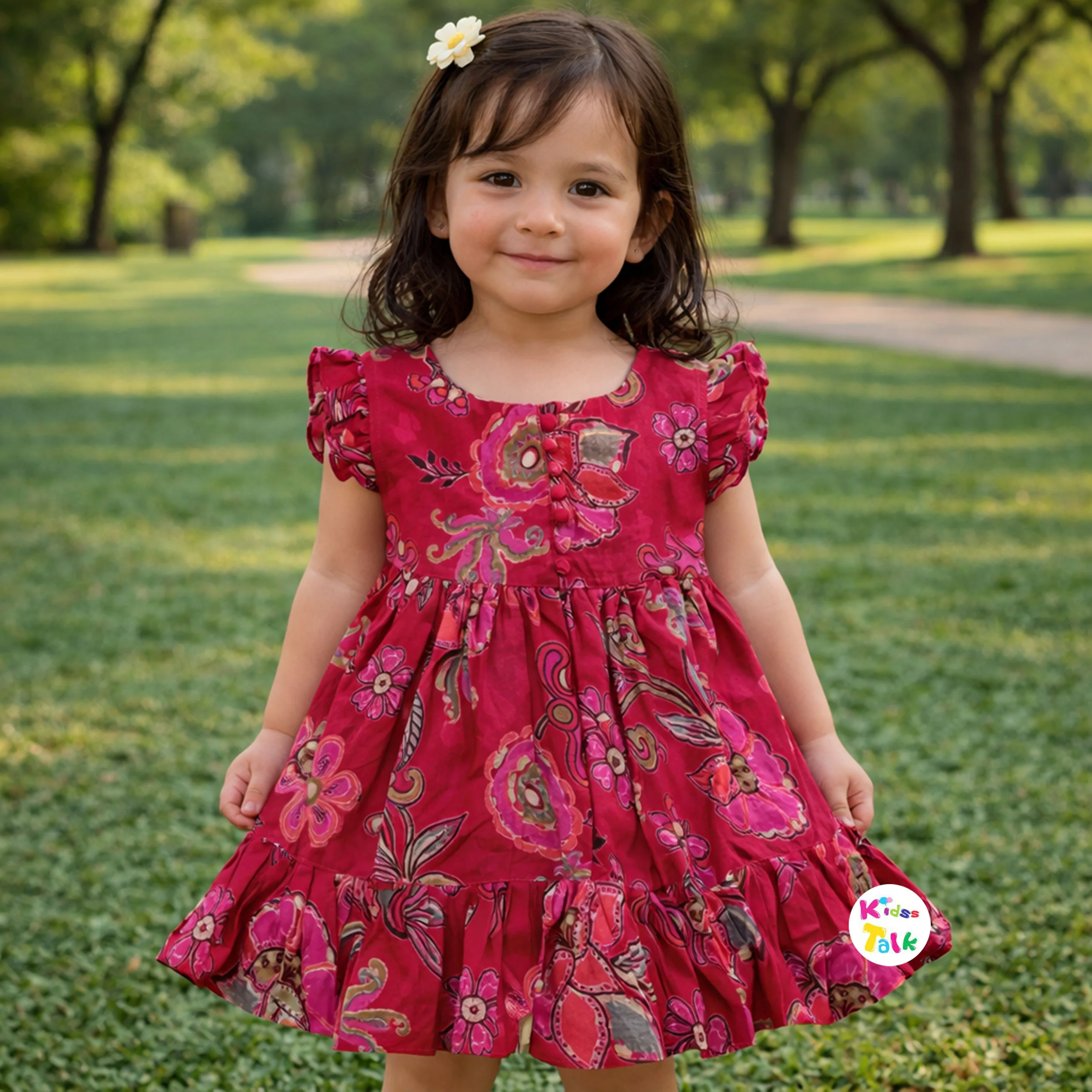 Soft Cotton Half Sleeve Frock With Printed - Hot Pink