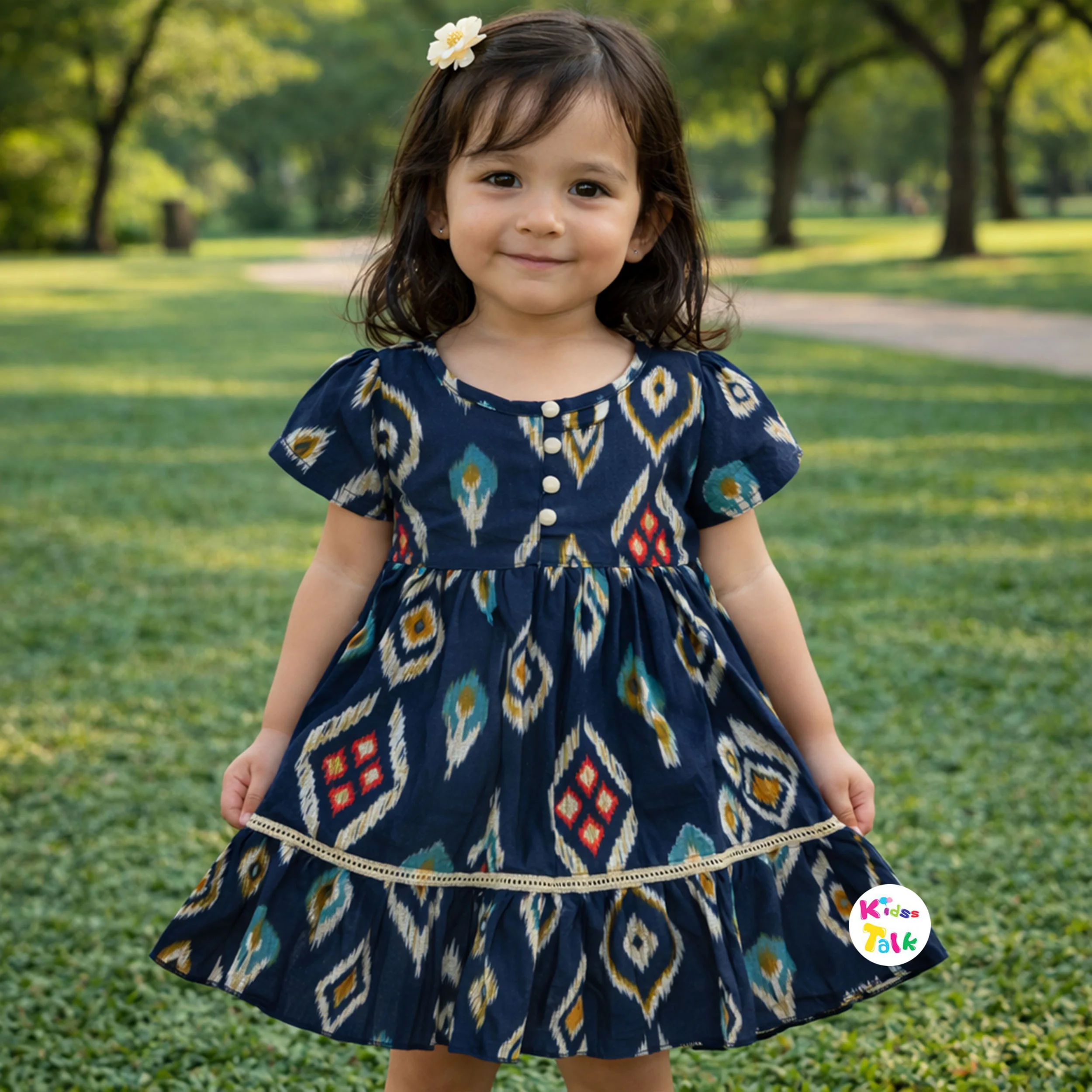 Soft Cotton Half Sleeve Frock With Printed - Navy Blue