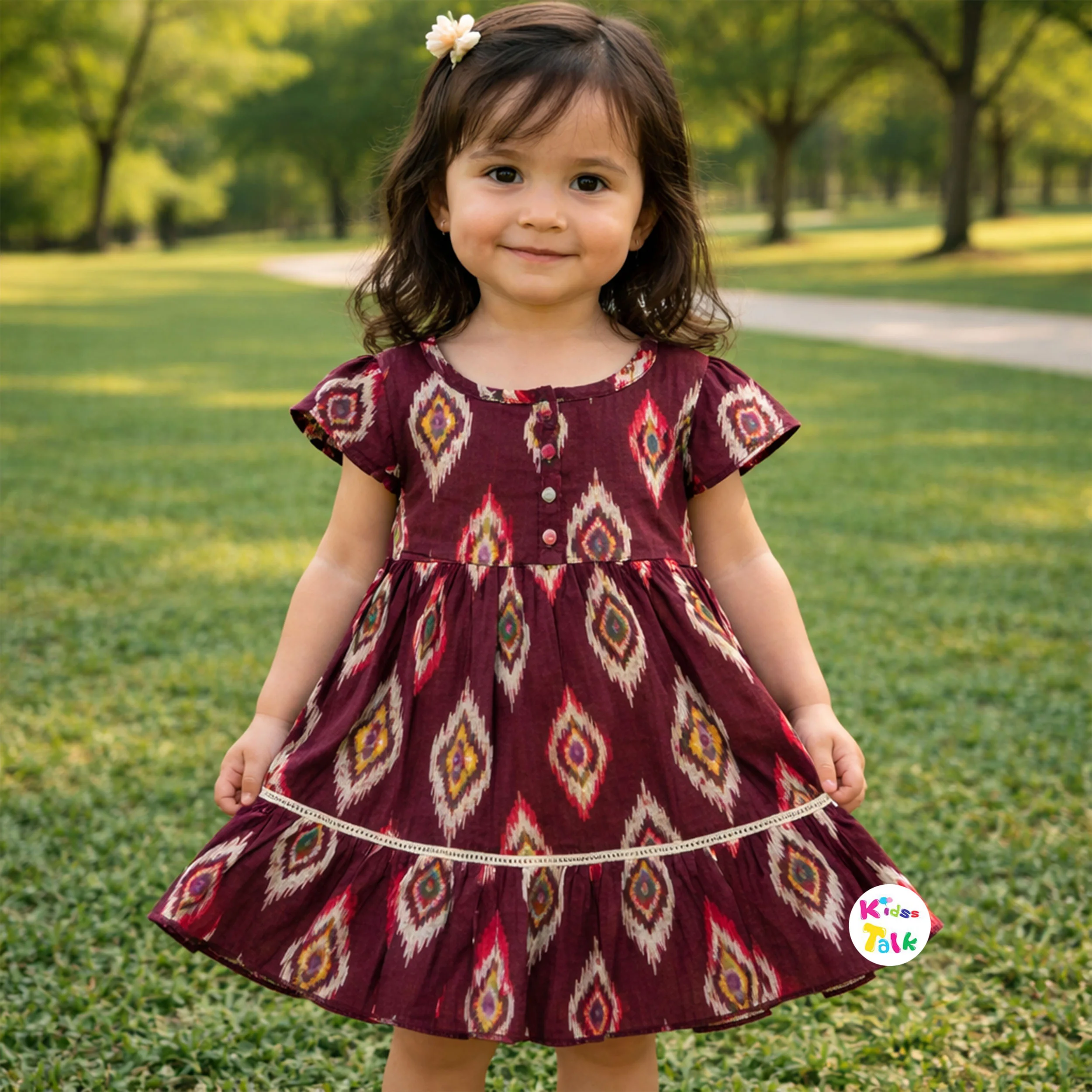 Soft Cotton Half Sleeve Frock With Printed - Wine
