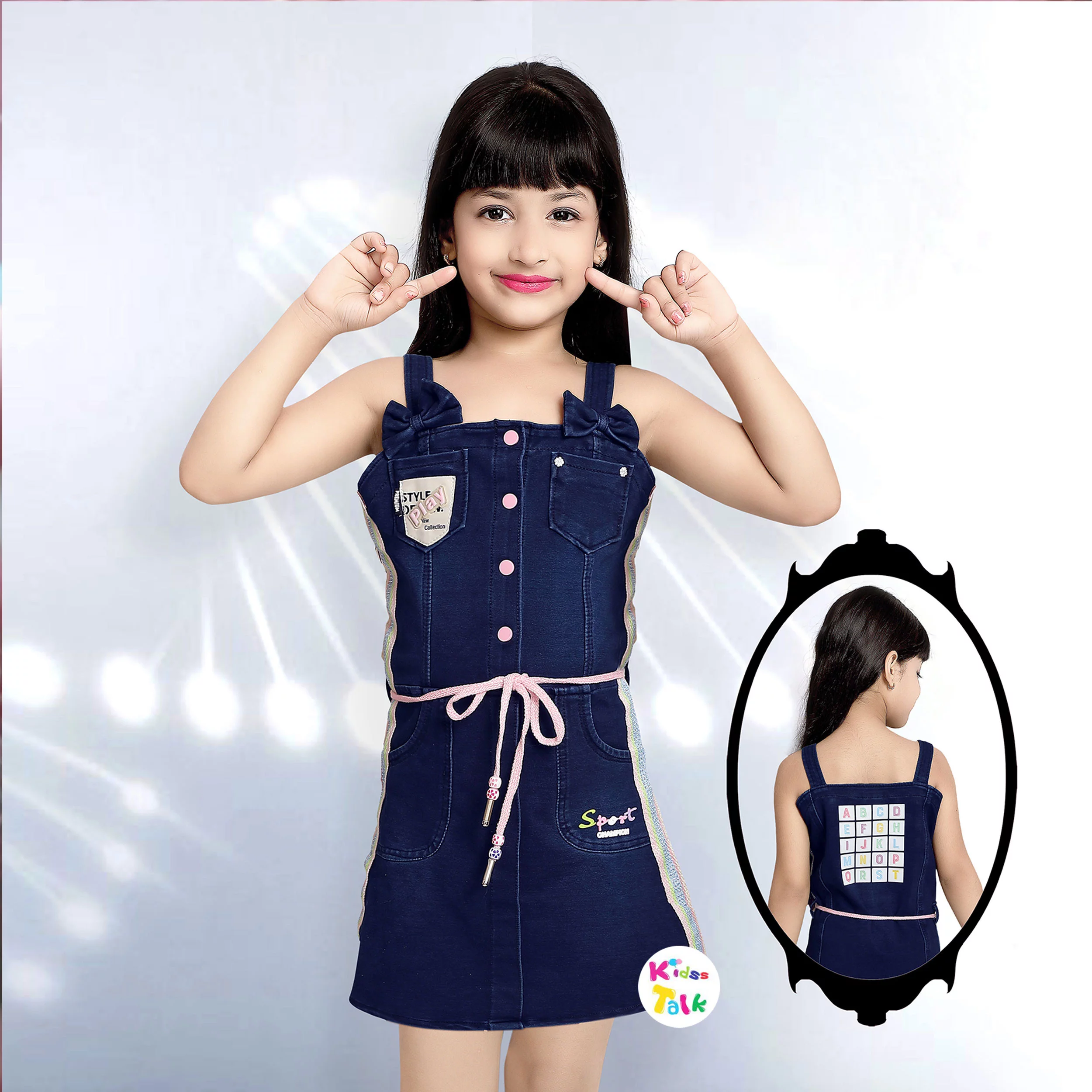 Denim Sleeveless Frock With Patch Work - Denim Blue