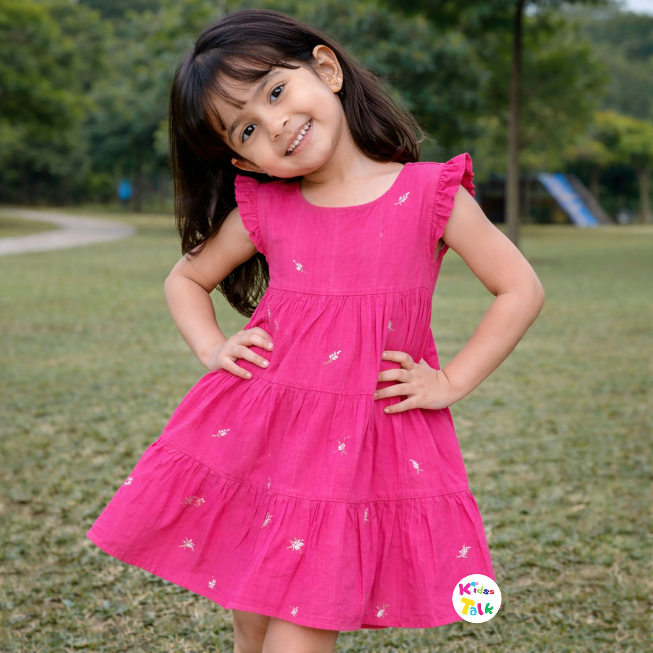 Soft Cotton Half Sleeve Frock With Cute Embroidered - Hot Pink