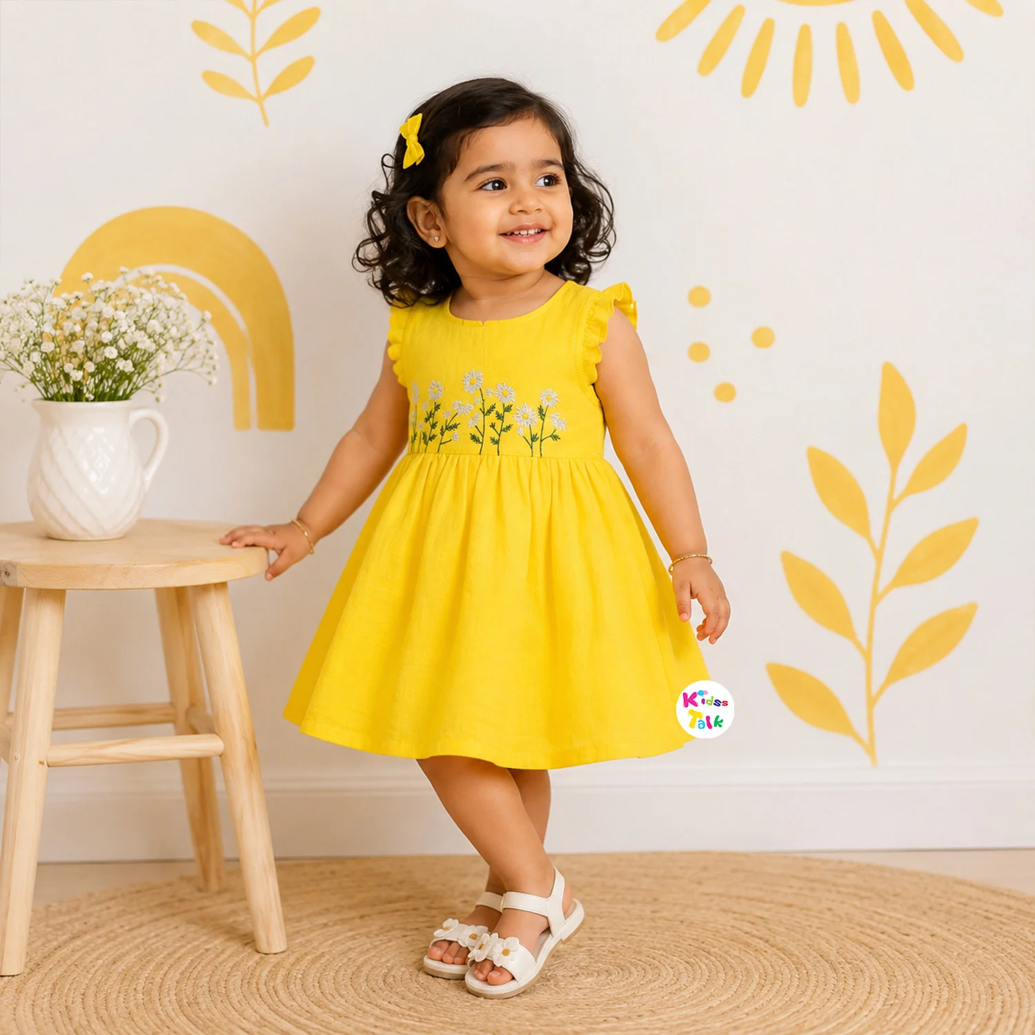 Cute Muslin Sleeveless Frock With Embroidery - Lemon Yellow