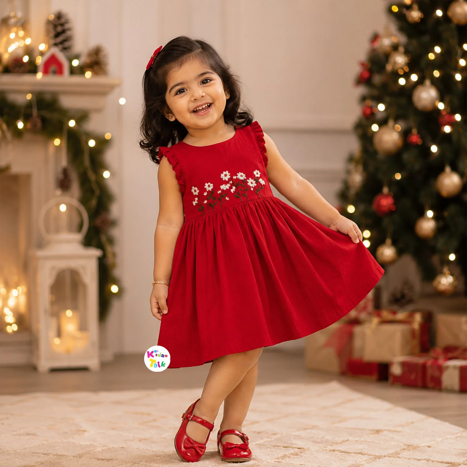 Cute Muslin Sleeveless Frock With Embroidery - Red