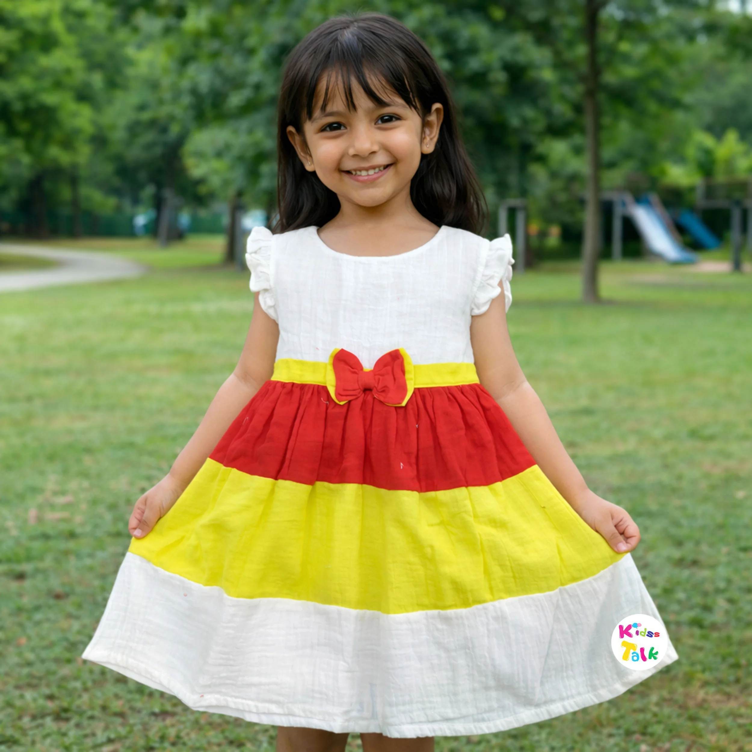 Muslin Half Sleeve Frock With Cute Bow - Red
